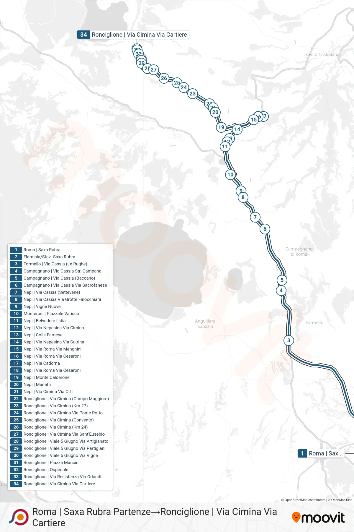 Linea COTRAL bus (Roma | Saxa Rubra Partenze→Ronciglione | Via Cimina Via Cartiere) - Percorsi e fermate sulla mappa