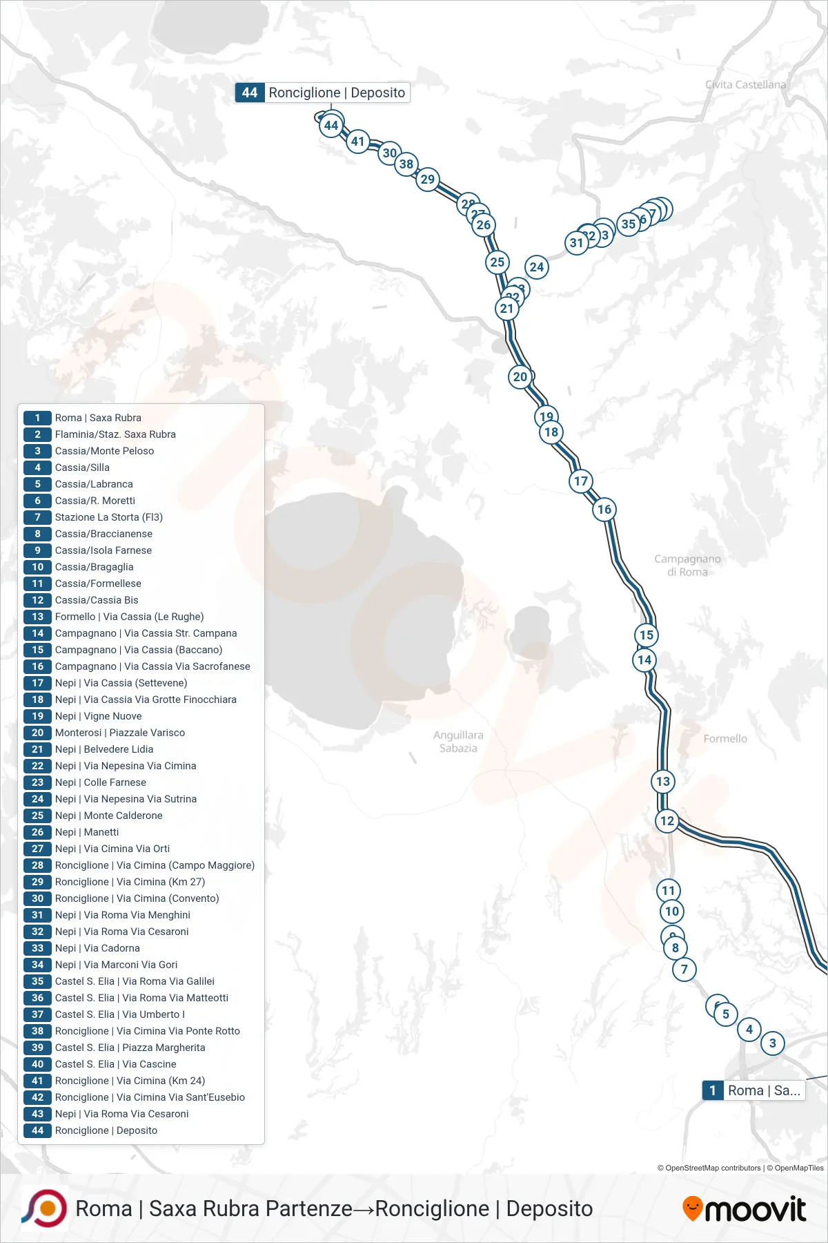 Linea COTRAL bus (Roma | Saxa Rubra Partenze→Ronciglione | Deposito) - Percorsi e fermate sulla mappa