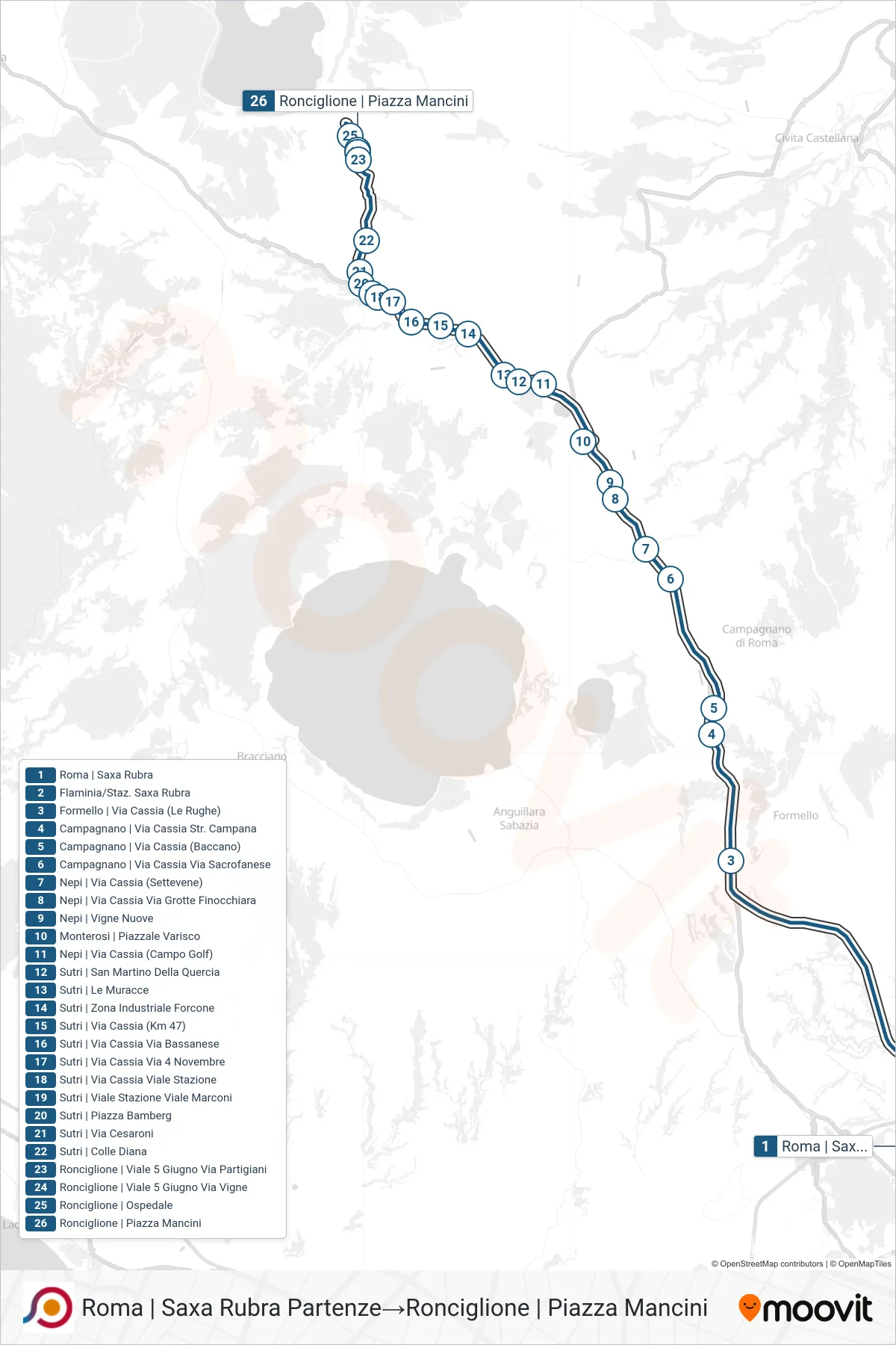 Linea COTRAL bus (Roma | Saxa Rubra Partenze→Ronciglione | Piazza Mancini) - Percorsi e fermate sulla mappa