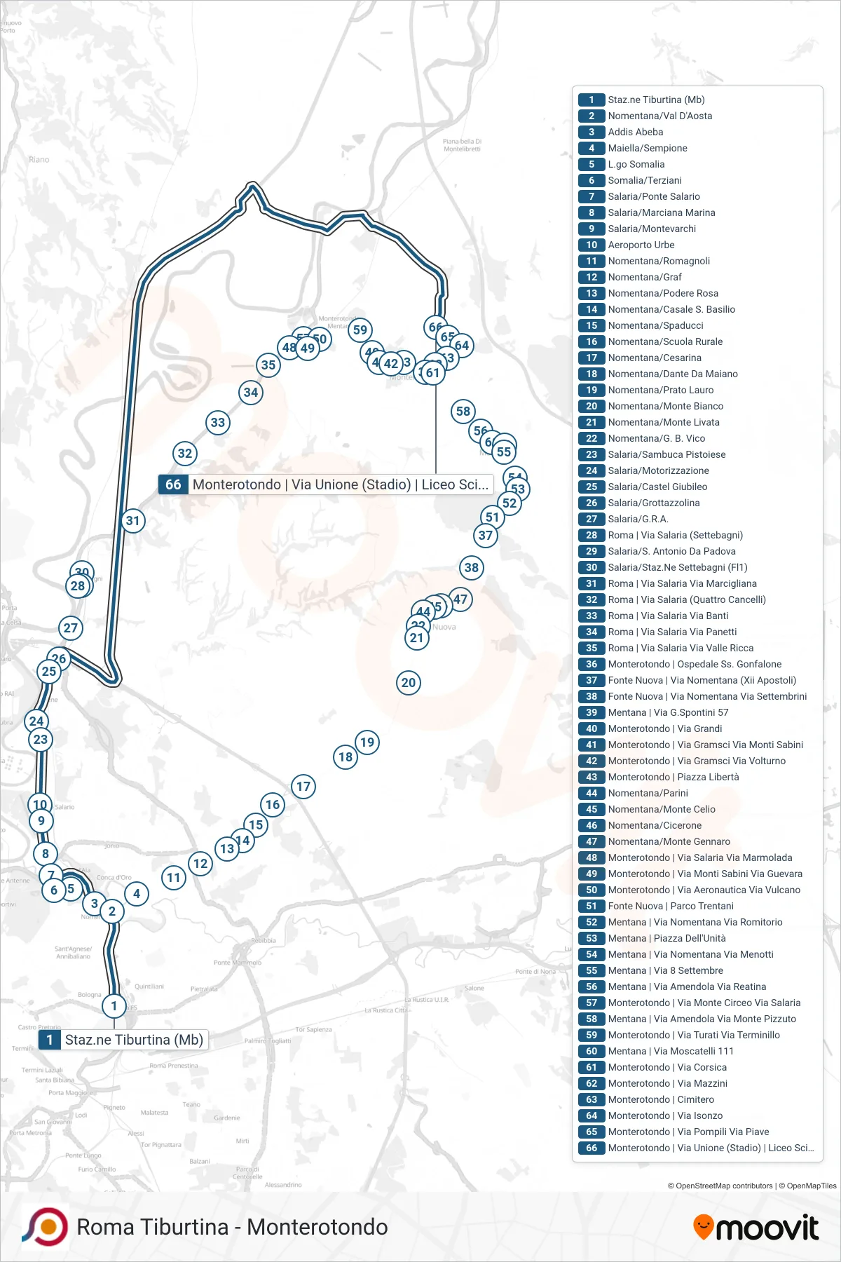 Linea COTRAL bus (Roma | Stazione Tiburtina FS→Monterotondo | Via Unione (Stadio) | Liceo Scientifico G.Peano) - Percorsi e fermate sulla mappa