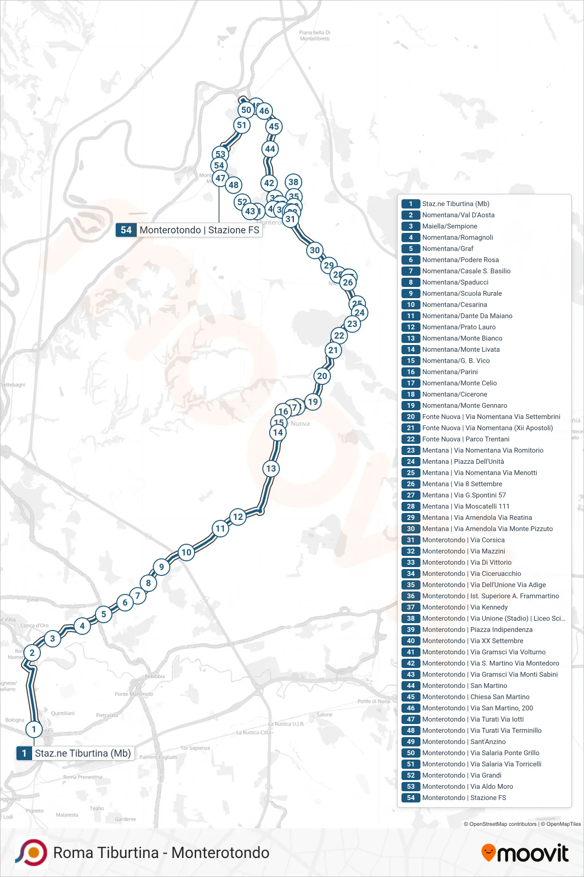 COTRAL bus Line (Rome | Tiburtina Railway Station→Monterotondo Station) route and stops on a map