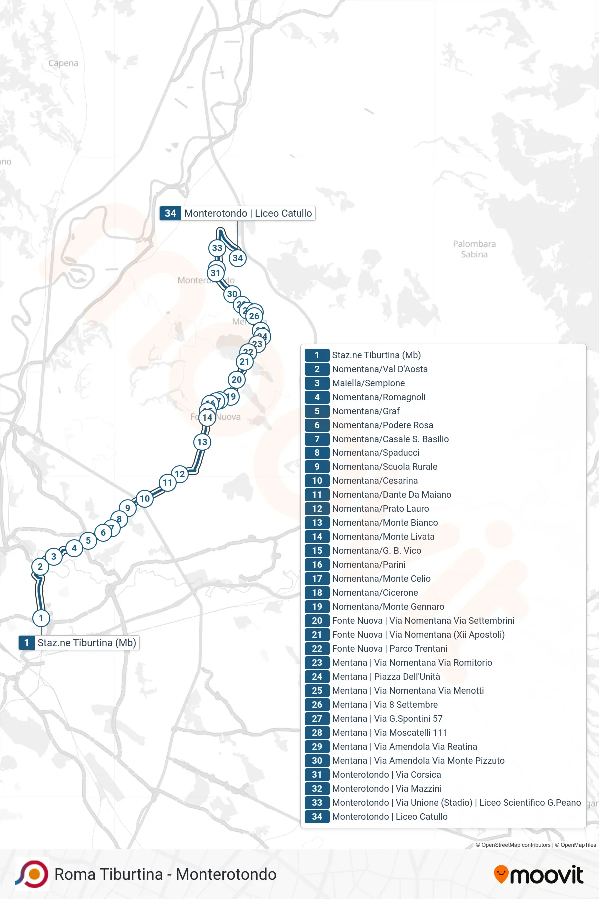 Linea COTRAL bus (Roma | Stazione Tiburtina FS→Monterotondo | Liceo Catullo) - Percorsi e fermate sulla mappa