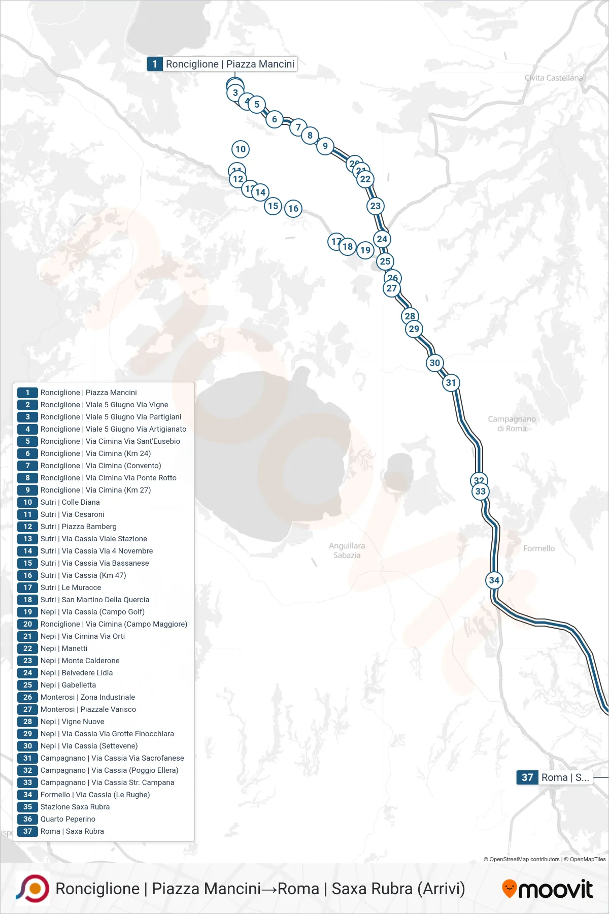 Linea COTRAL bus (Ronciglione | Piazza Mancini→Roma | Saxa Rubra (Arrivi)) - Percorsi e fermate sulla mappa