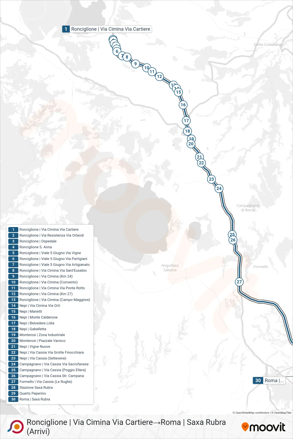 Linea COTRAL bus (Ronciglione | Via Cimina Via Cartiere→Roma | Saxa Rubra (Arrivi)) - Percorsi e fermate sulla mappa