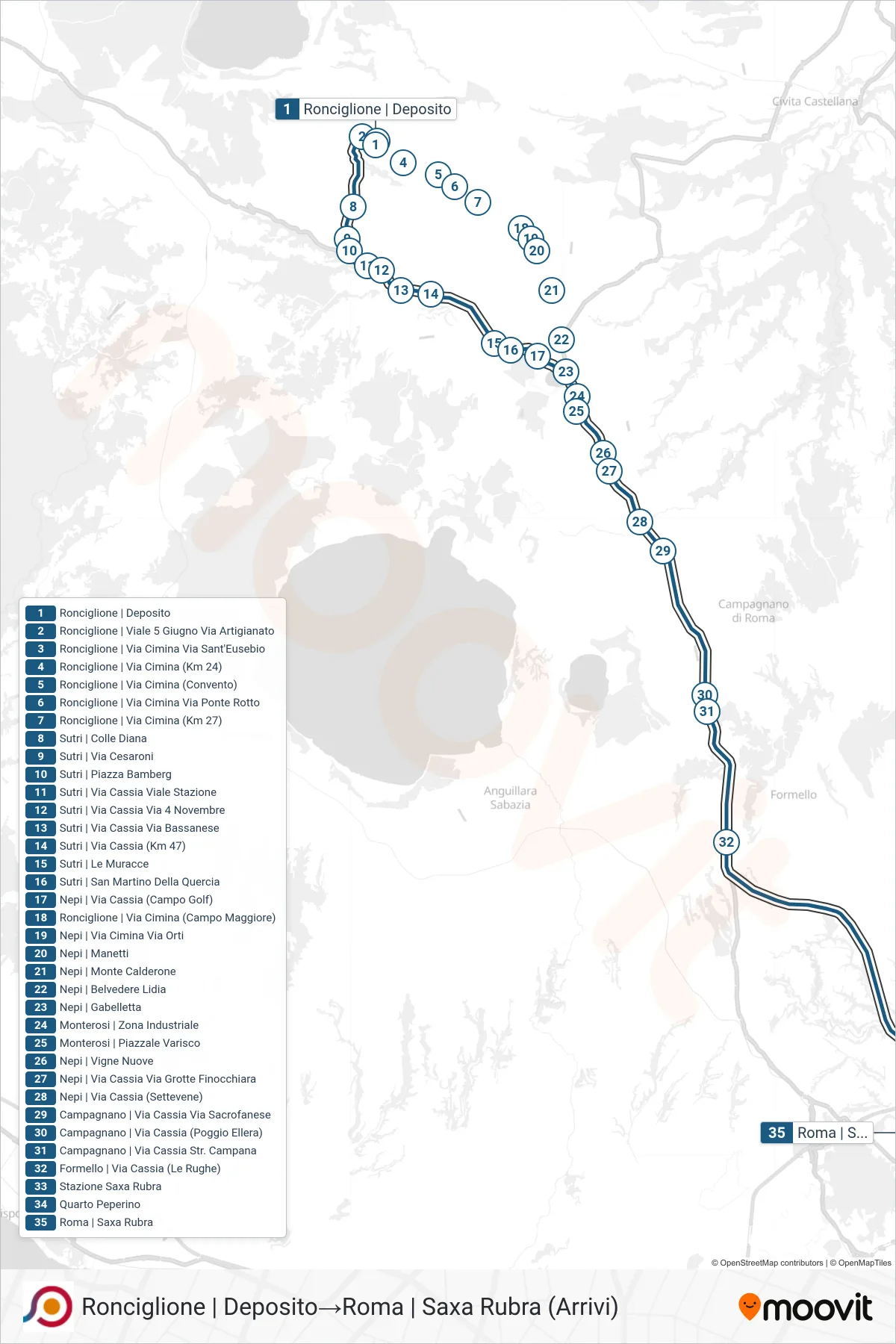 Linea COTRAL bus (Ronciglione | Deposito→Roma | Saxa Rubra (Arrivi)) - Percorsi e fermate sulla mappa