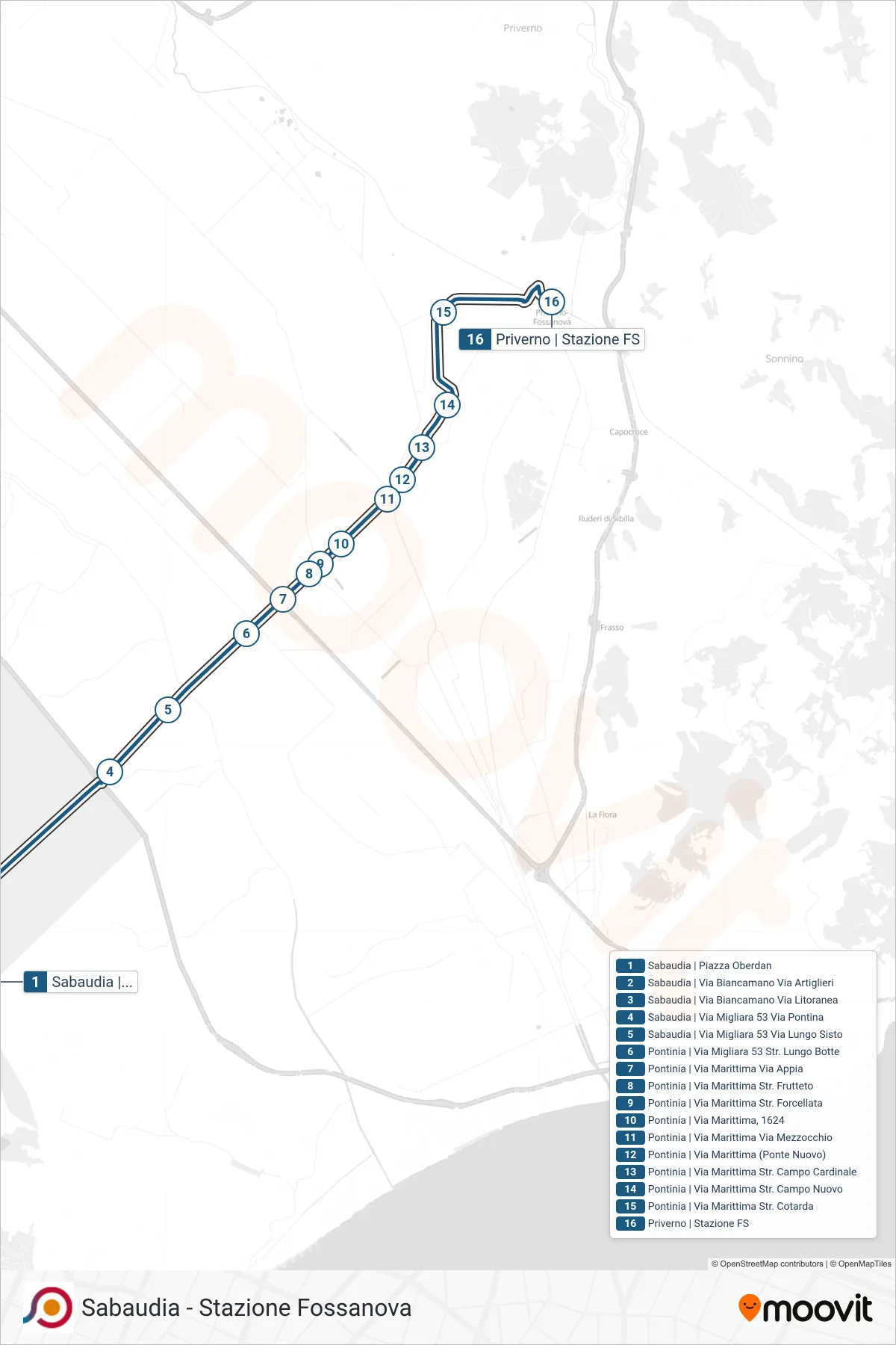 Linea COTRAL bus (Sabaudia | Piazza Oberdan→Priverno | Stazione FS) - Percorsi e fermate sulla mappa