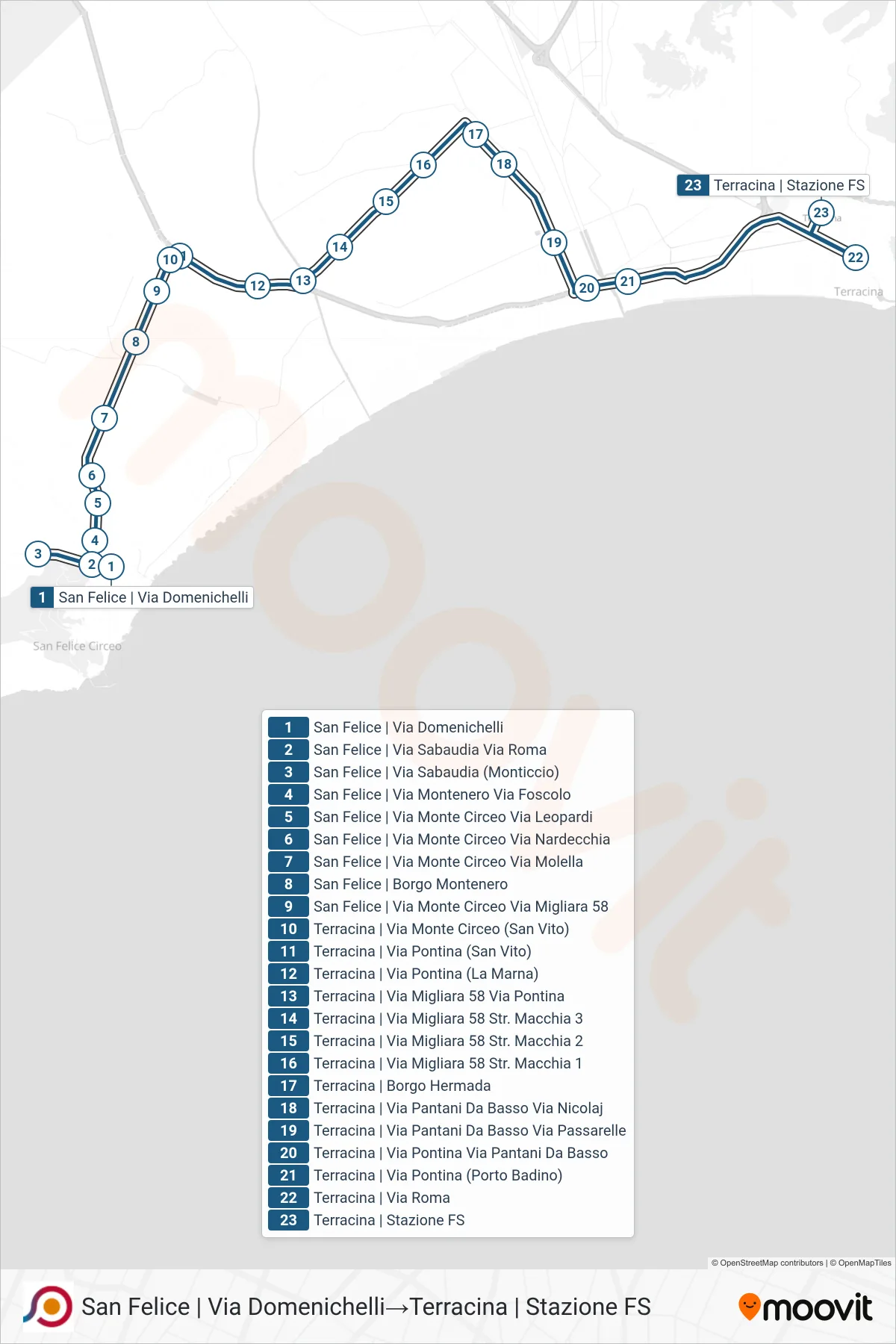 Linea COTRAL  bus (San Felice | Via Domenichelli‎→Terracina | Stazione FS) - Percorsi e fermate sulla mappa
