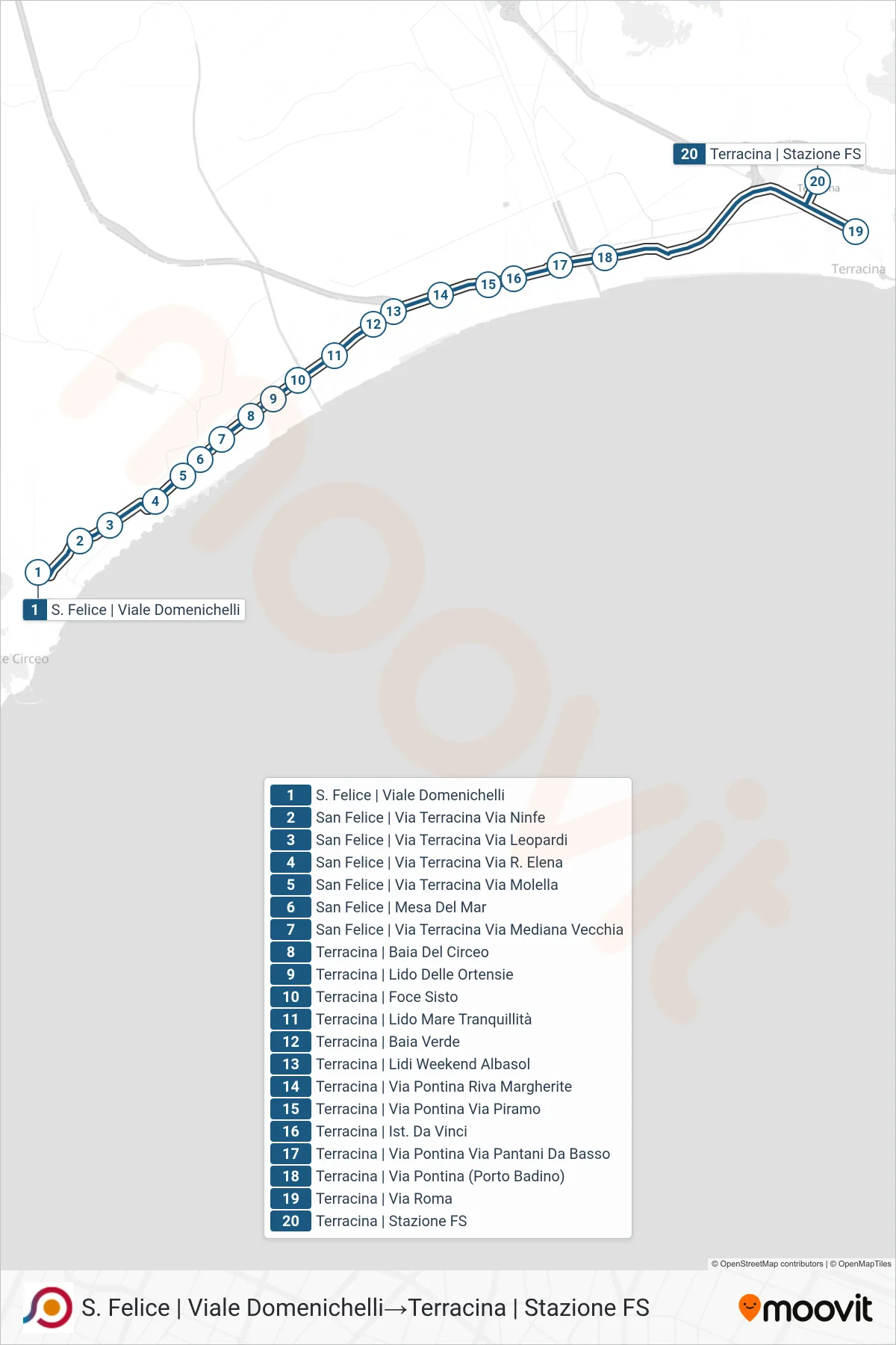 Linea COTRAL bus (S. Felice | Viale Domenichelli→Terracina | Stazione FS) - Percorsi e fermate sulla mappa