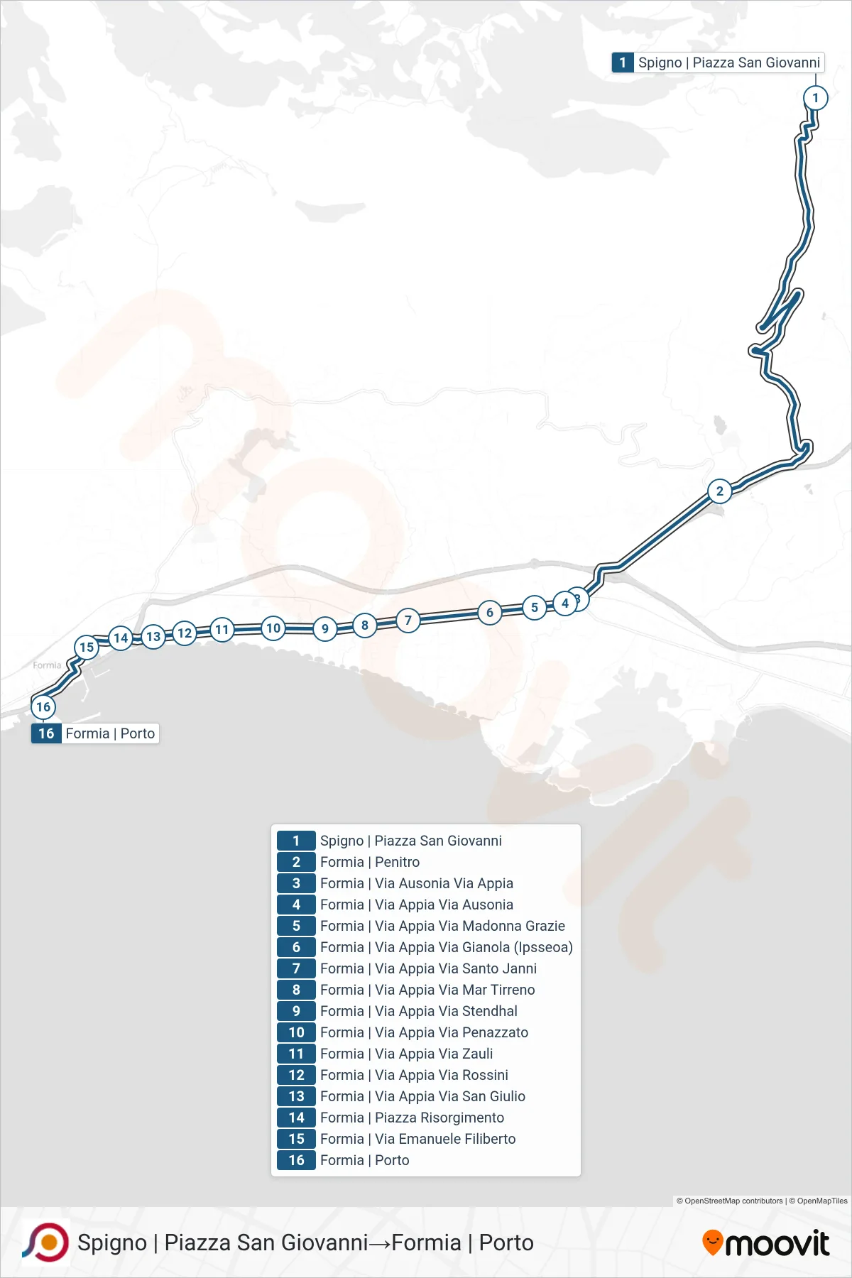 Linea COTRAL bus (Spigno | Piazza San Giovanni→Formia | Porto) - Percorsi e fermate sulla mappa
