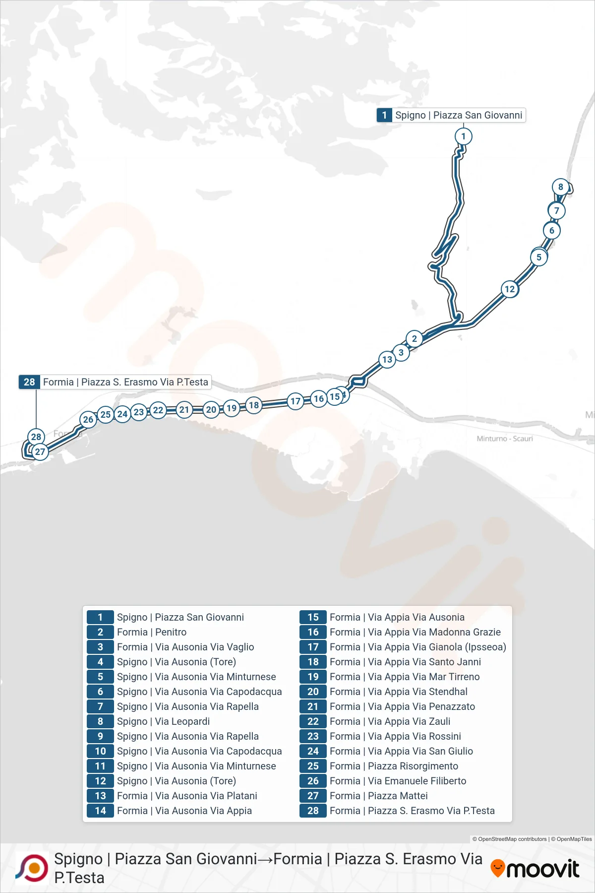 Linea COTRAL bus (Spigno | Piazza San Giovanni→Formia | Piazza S. Erasmo Via P.Testa) - Percorsi e fermate sulla mappa