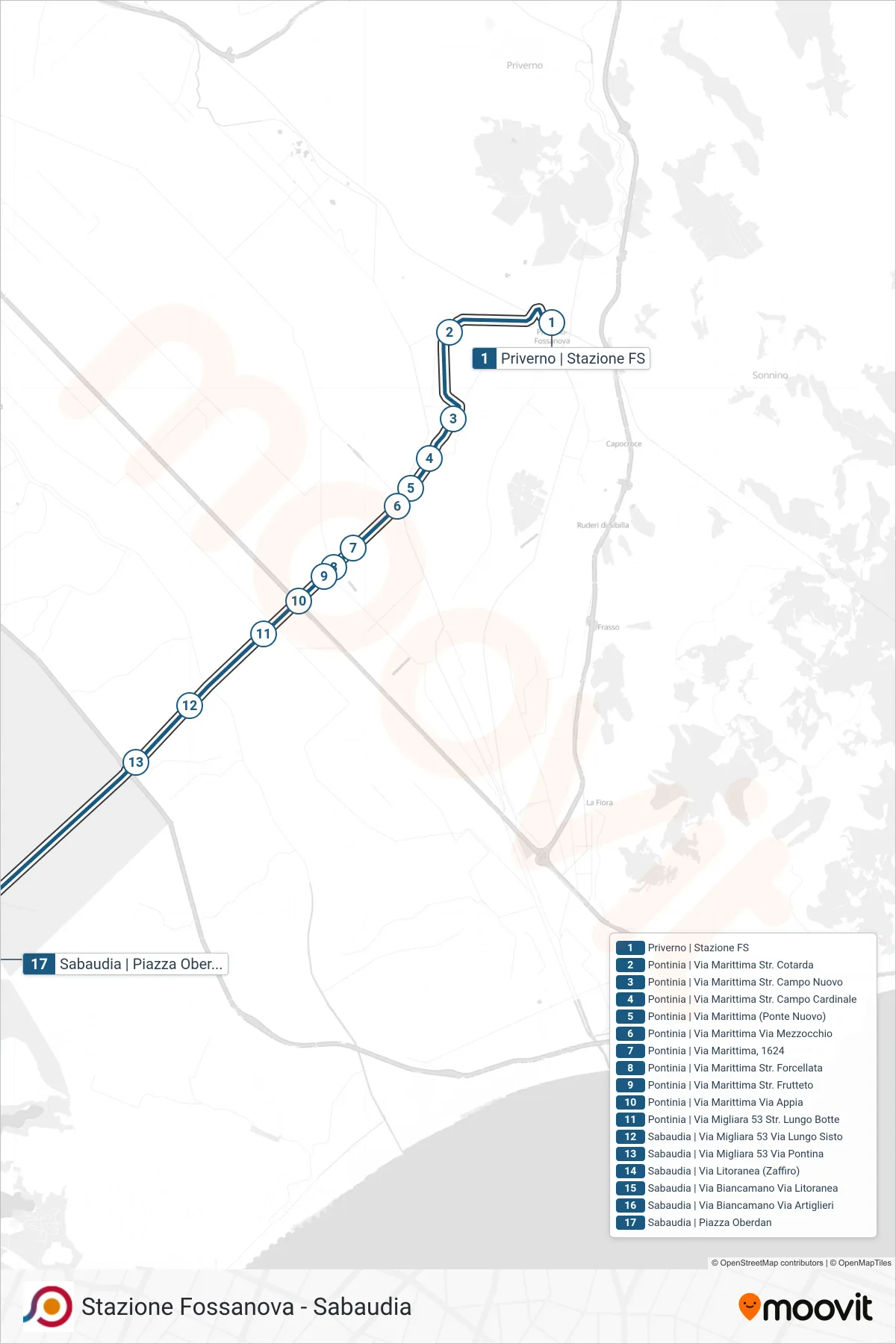 Linea COTRAL bus (Priverno | Stazione FS→Sabaudia | Piazza Oberdan) - Percorsi e fermate sulla mappa