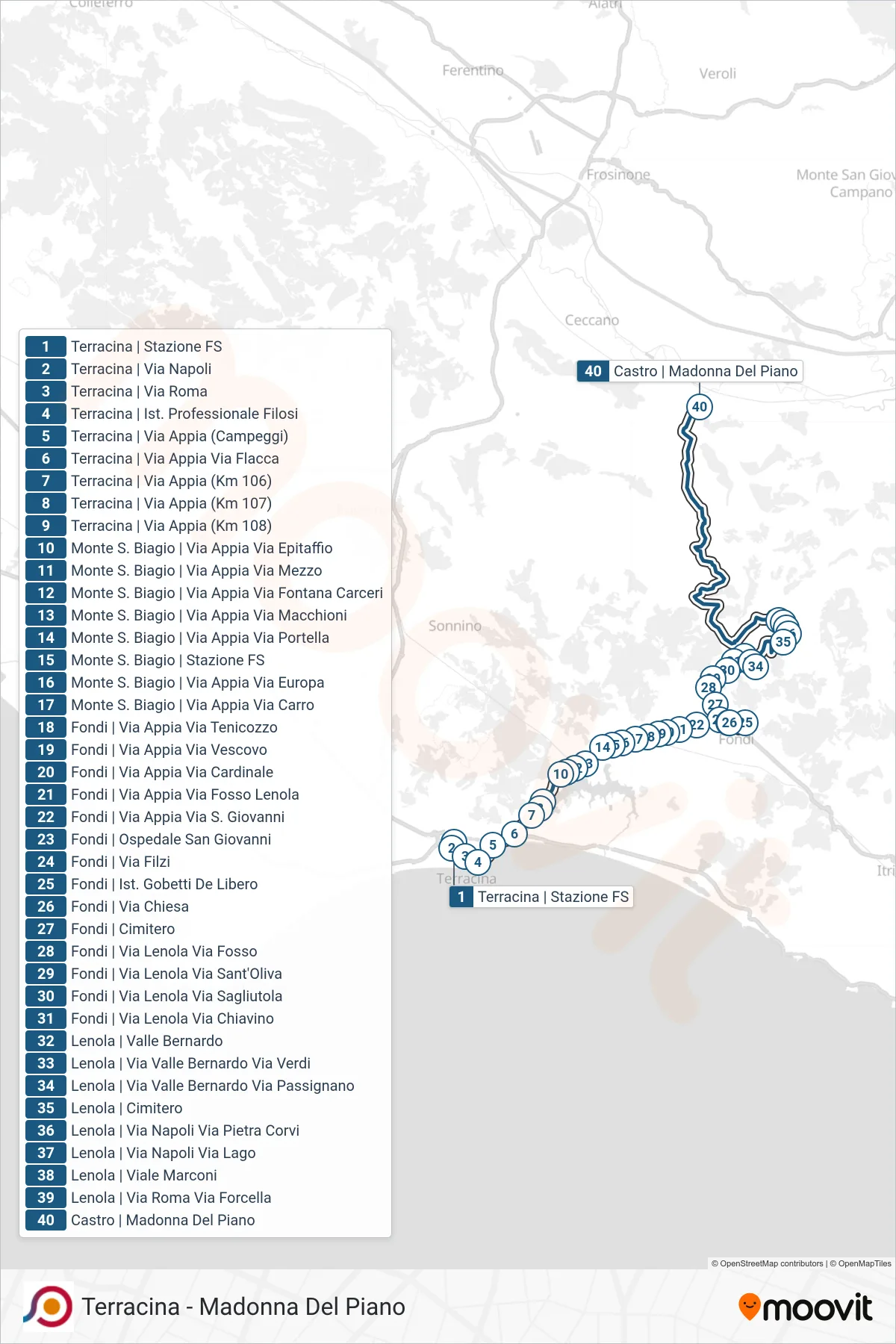 Linea COTRAL bus (Terracina | Stazione FS→Castro | Madonna Del Piano) - Percorsi e fermate sulla mappa