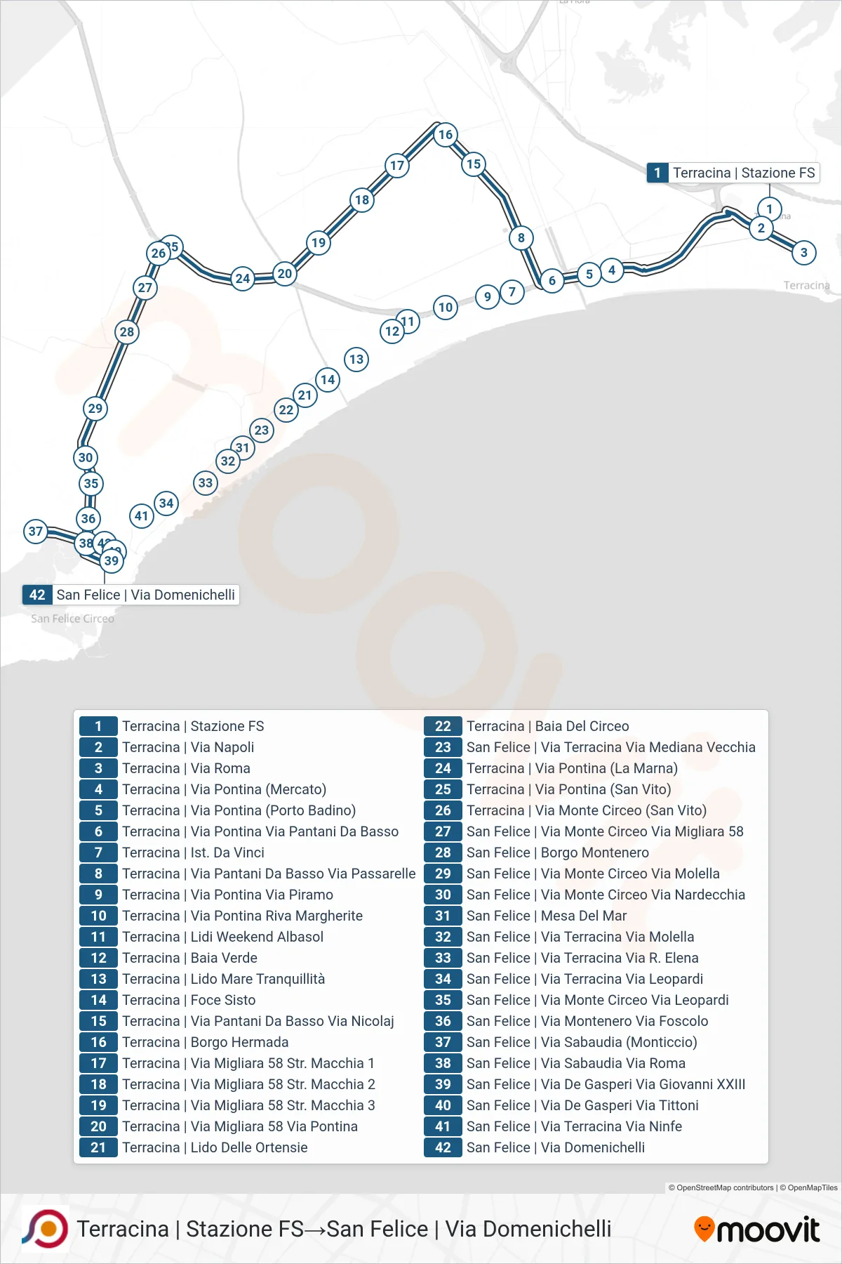 Linea COTRAL bus (Terracina | Stazione FS→San Felice | Via Domenichelli) - Percorsi e fermate sulla mappa