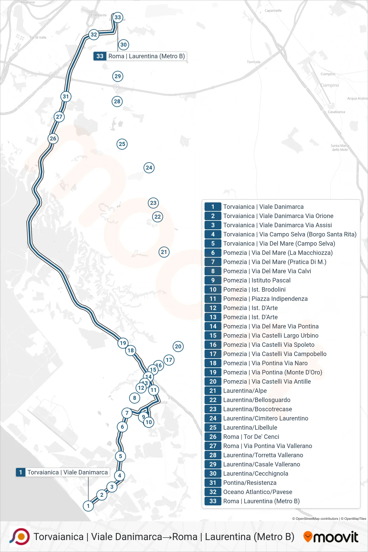 Linea COTRAL bus (Torvaianica | Viale Danimarca→Roma | Laurentina (Metro B)) - Percorsi e fermate sulla mappa