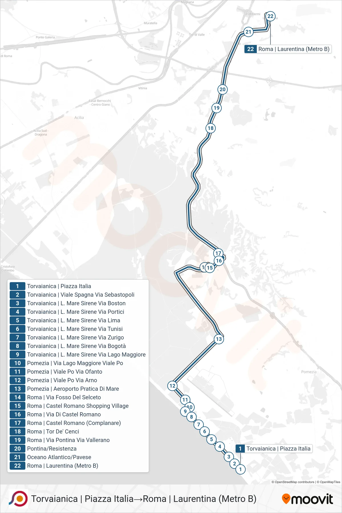 Linea COTRAL  bus (Torvaianica | Piazza Italia‎→Roma | Laurentina (Metro B)) - Percorsi e fermate sulla mappa