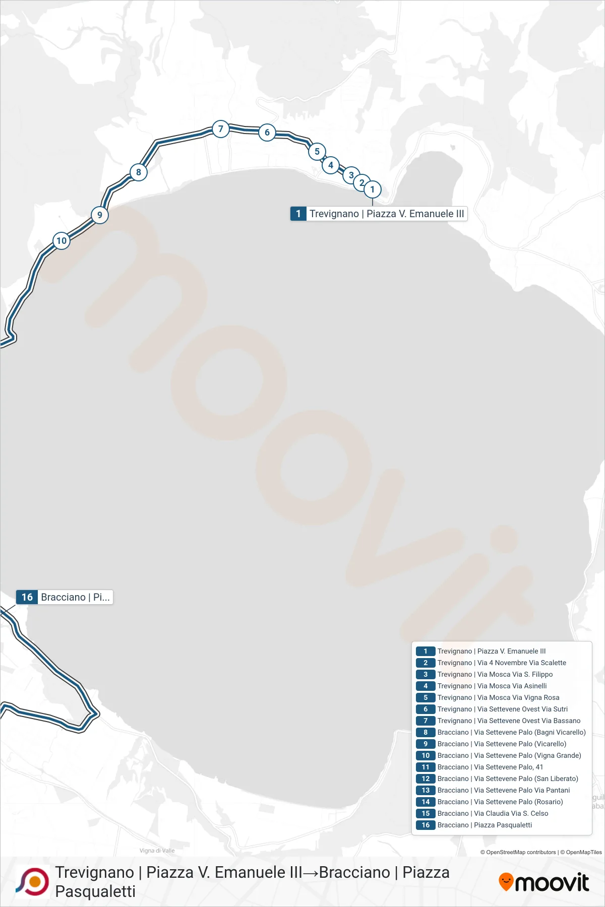 Linea COTRAL  bus (Trevignano | Piazza V. Emanuele III‎→Bracciano | Piazza Pasqualetti) - Percorsi e fermate sulla mappa