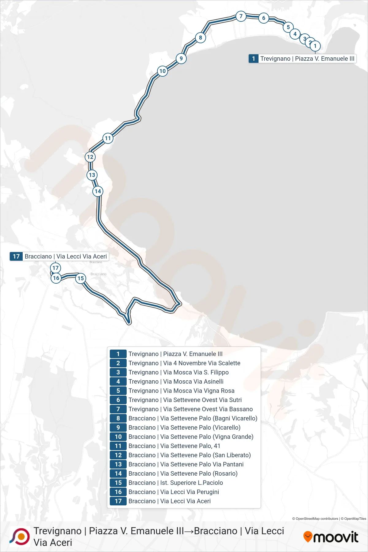 Linea COTRAL bus (Trevignano | Piazza V. Emanuele III→Bracciano | Via Lecci Via Aceri) - Percorsi e fermate sulla mappa