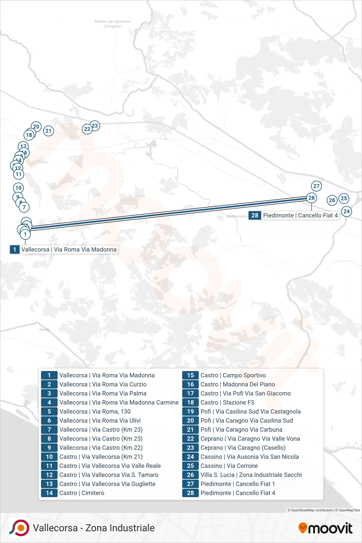Linea COTRAL bus (Vallecorsa | Via Roma Via Madonna→Piedimonte | Cancello Fiat 4) - Percorsi e fermate sulla mappa