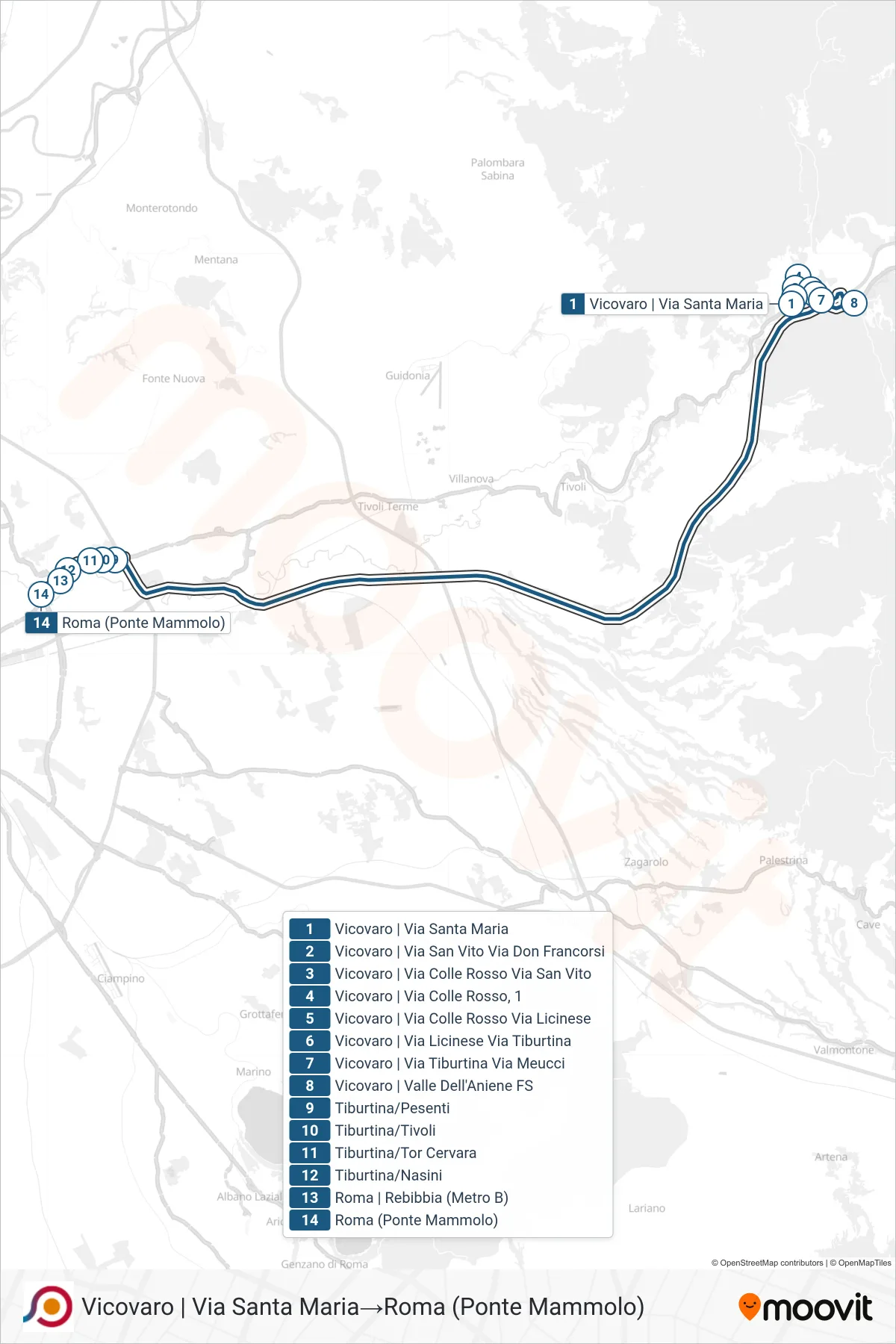 Linea COTRAL bus (Vicovaro | Via Santa Maria→Roma (Ponte Mammolo)) - Percorsi e fermate sulla mappa