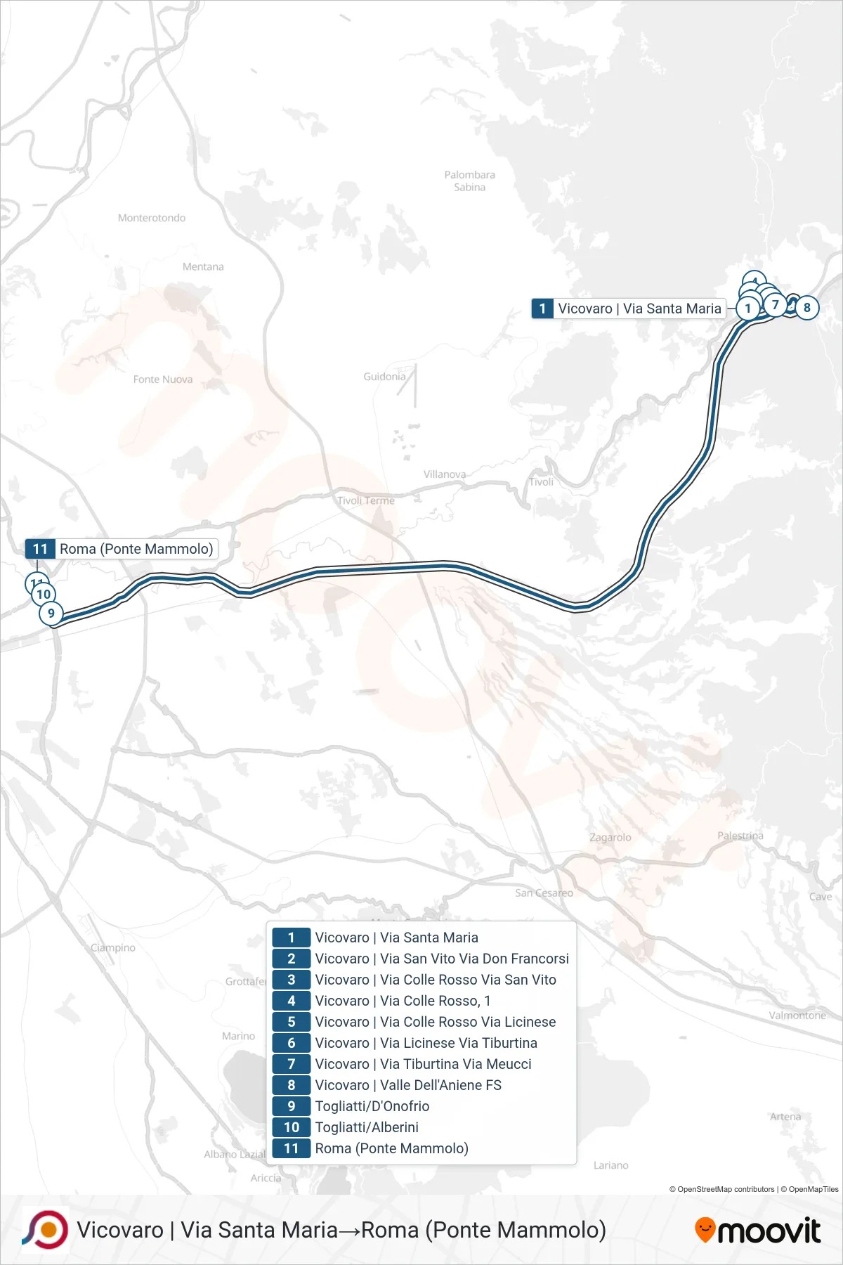 COTRAL bus Line (Vicovaro | Via Santa Maria→Rome (Ponte Mammolo)) route and stops on a map