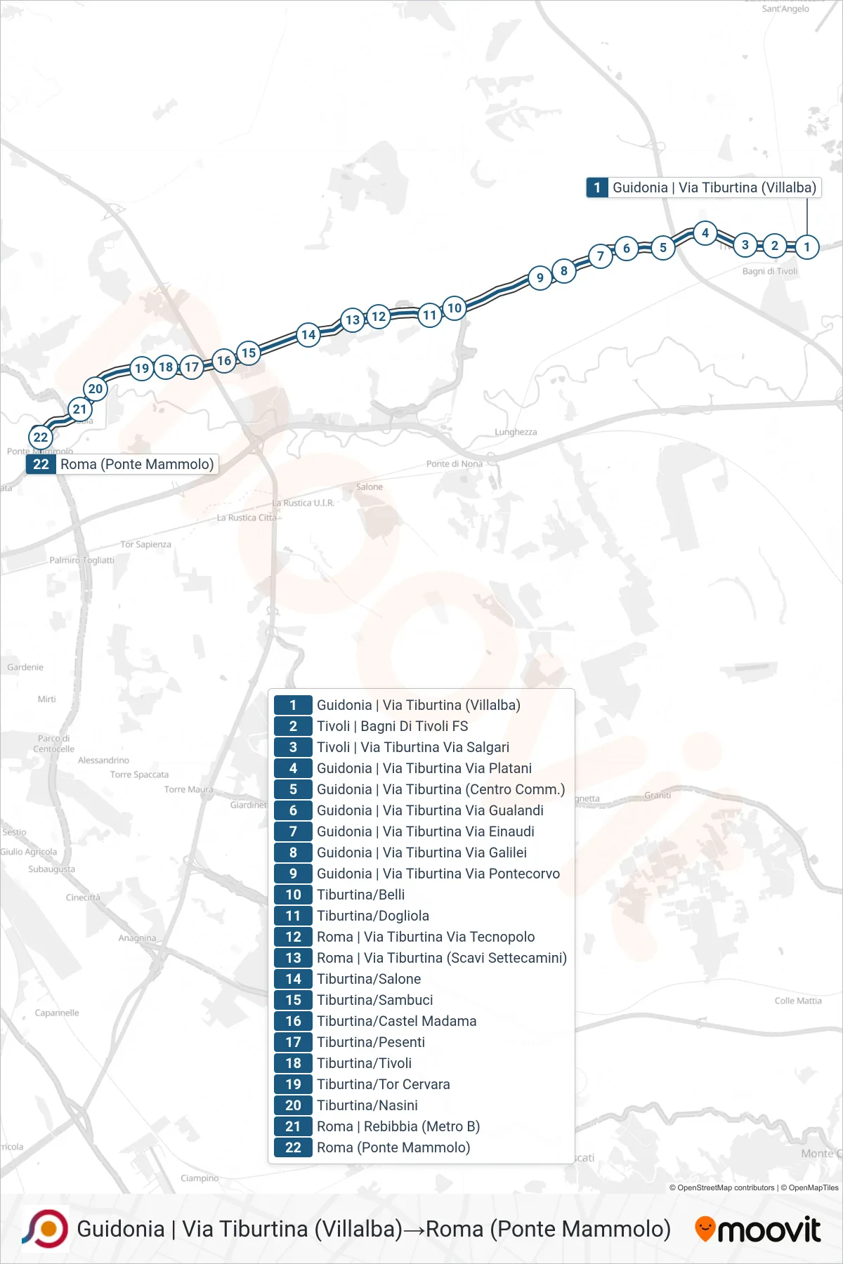 Linea COTRAL bus (Guidonia | Via Tiburtina (Villalba)→Roma (Ponte Mammolo)) - Percorsi e fermate sulla mappa