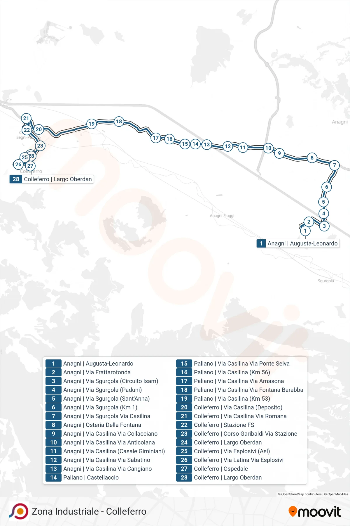 Linea COTRAL bus (Anagni | Augusta-Leonardo→Colleferro | Largo Oberdan) - Percorsi e fermate sulla mappa