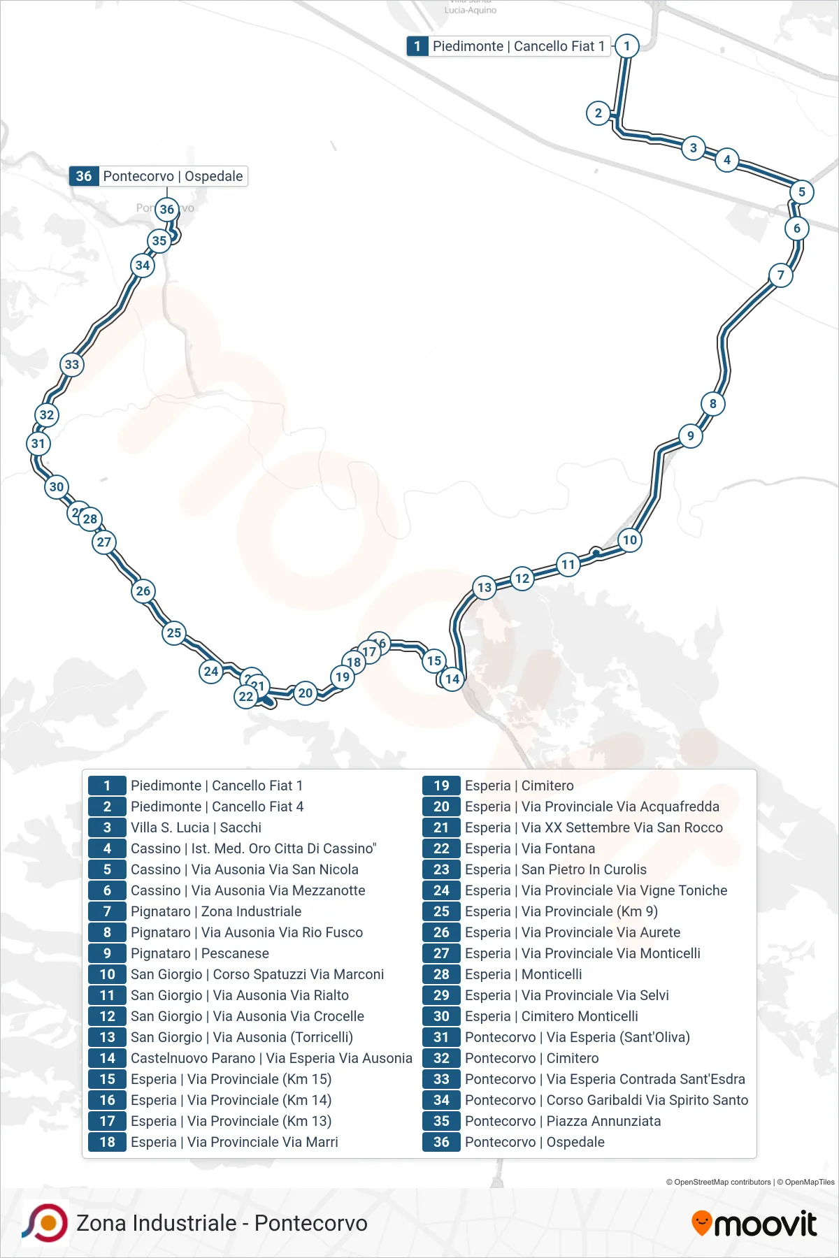 Linea COTRAL bus (Piedimonte | Cancello Fiat 1→Pontecorvo | Ospedale) - Percorsi e fermate sulla mappa
