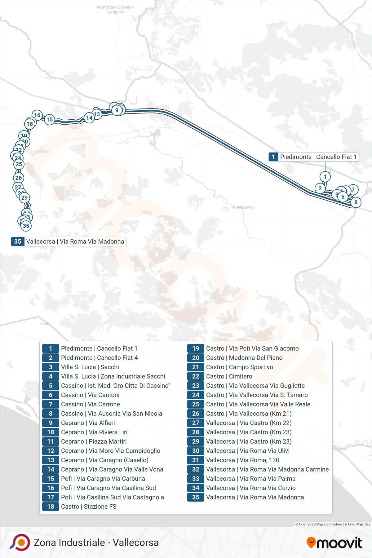 Linea COTRAL  bus (Piedimonte | Cancello Fiat 1‎→Vallecorsa | Via Roma Via Madonna) - Percorsi e fermate sulla mappa