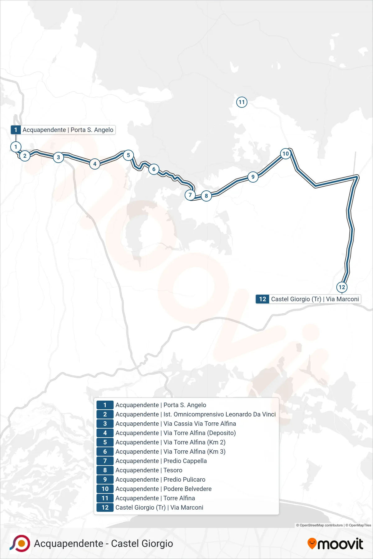 Linea COTRAL bus (Acquapendente | Porta S. Angelo→Castel Giorgio (Tr) | Via Marconi) - Percorsi e fermate sulla mappa
