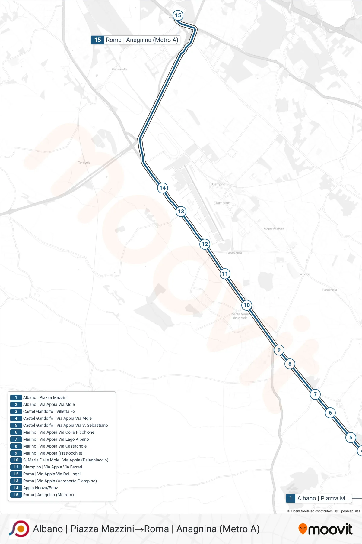 Linea COTRAL  bus (Albano | Piazza Mazzini‎→Roma | Anagnina (Metro A)) - Percorsi e fermate sulla mappa