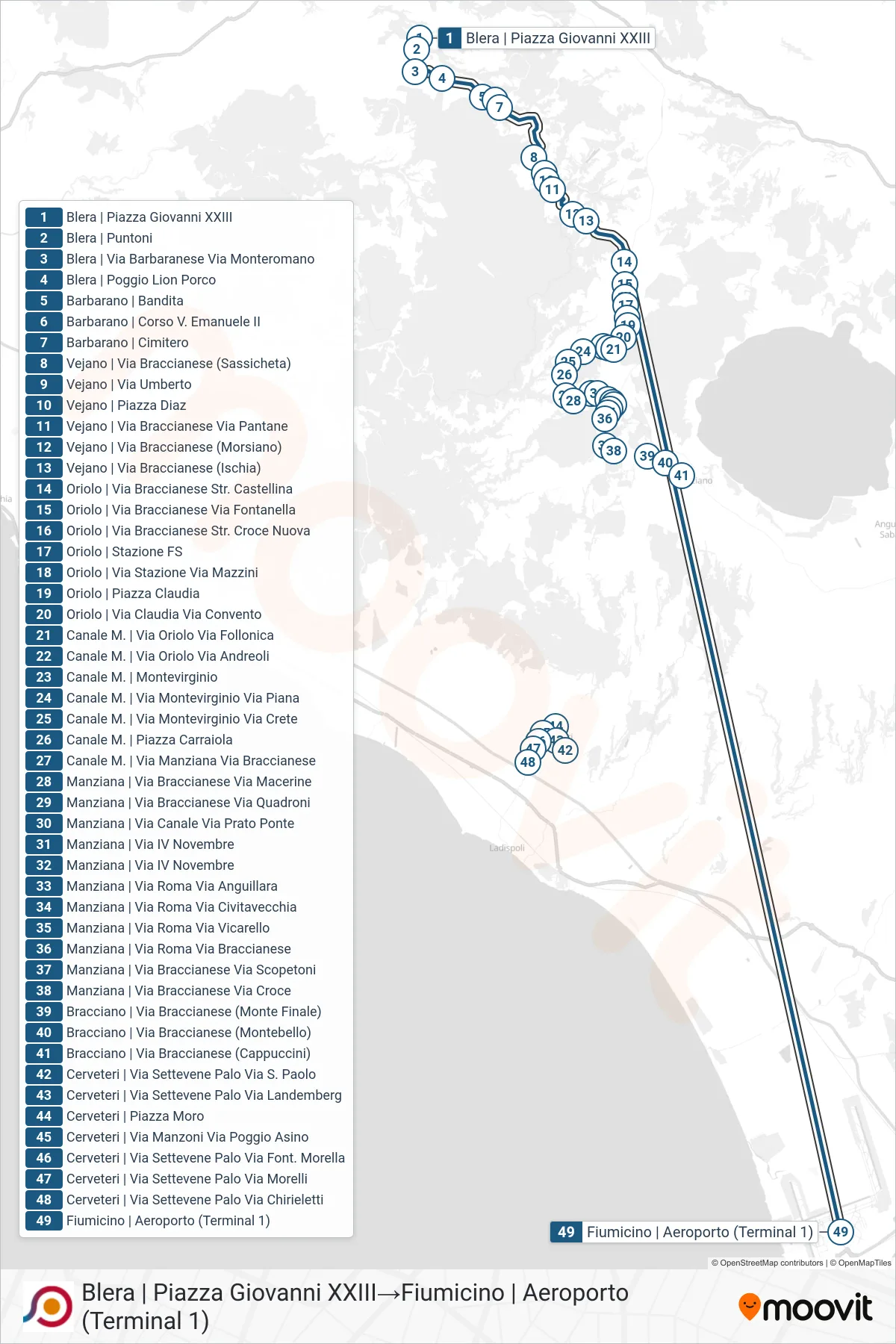 Linea COTRAL bus (Blera | Piazza Giovanni XXIII→Fiumicino | Aeroporto (Terminal 1)) - Percorsi e fermate sulla mappa