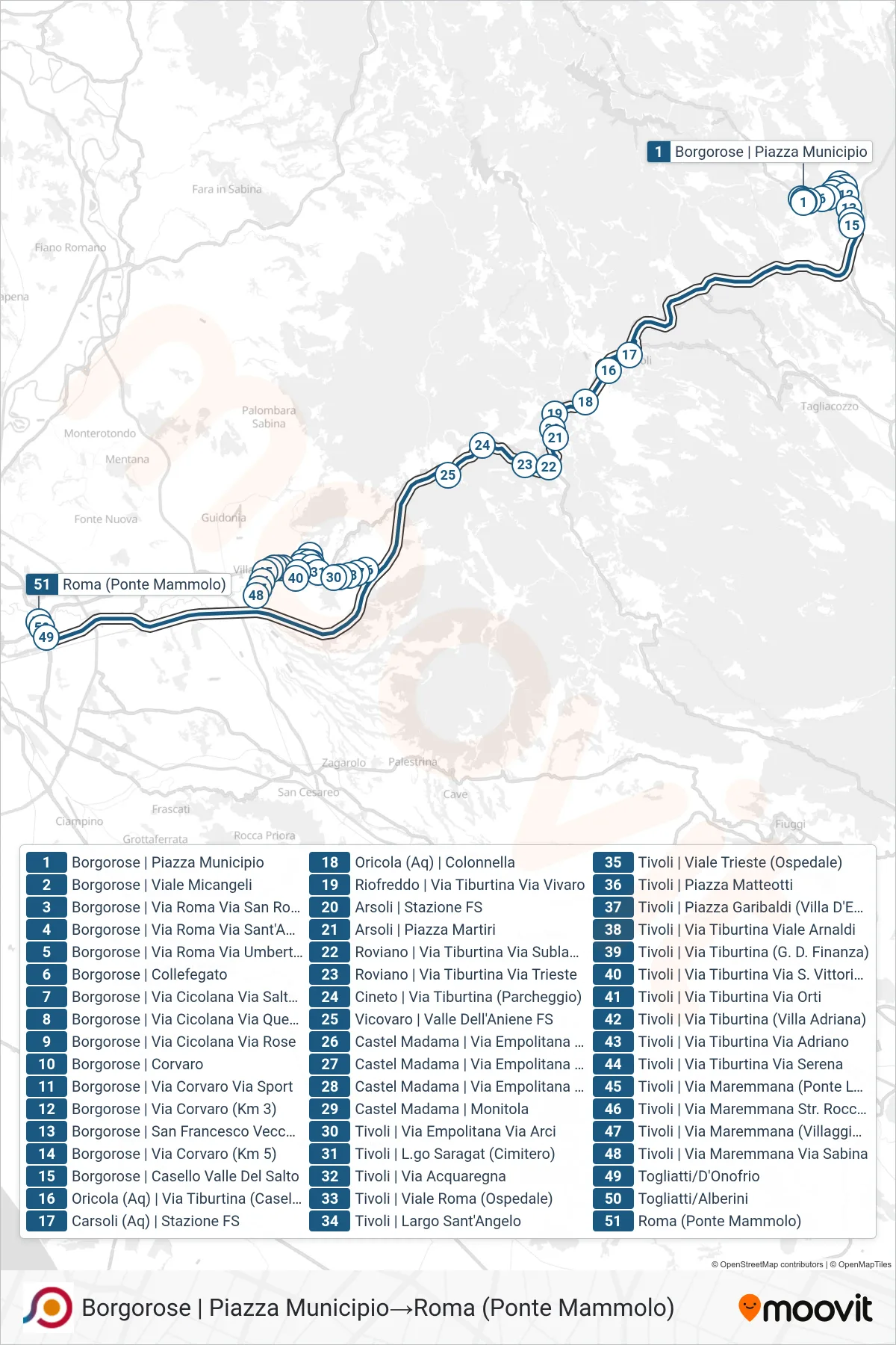 Linea COTRAL bus (Borgorose | Piazza Municipio→Roma (Ponte Mammolo)) - Percorsi e fermate sulla mappa