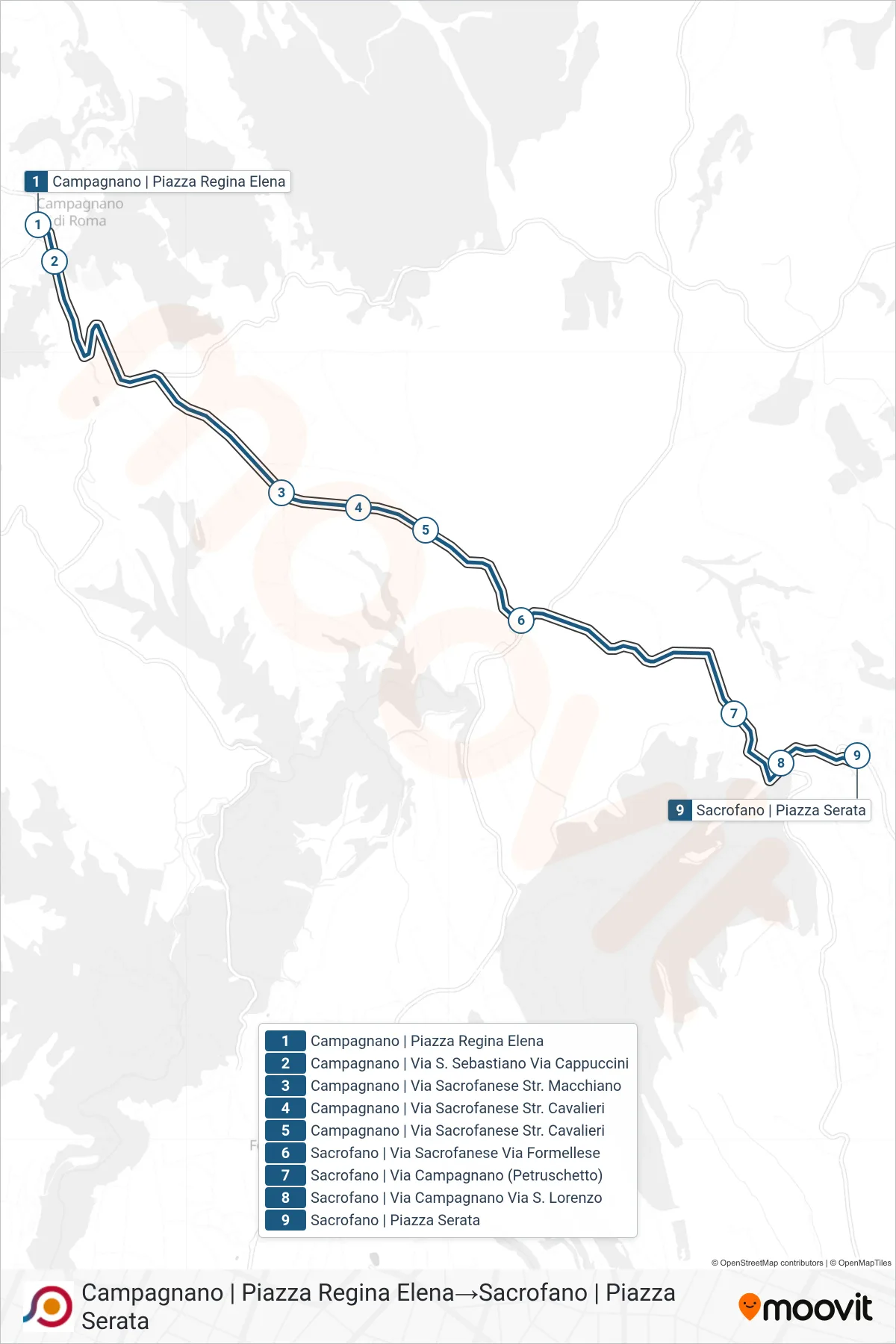 Linea COTRAL bus (Campagnano | Piazza Regina Elena→Sacrofano | Piazza Serata) - Percorsi e fermate sulla mappa