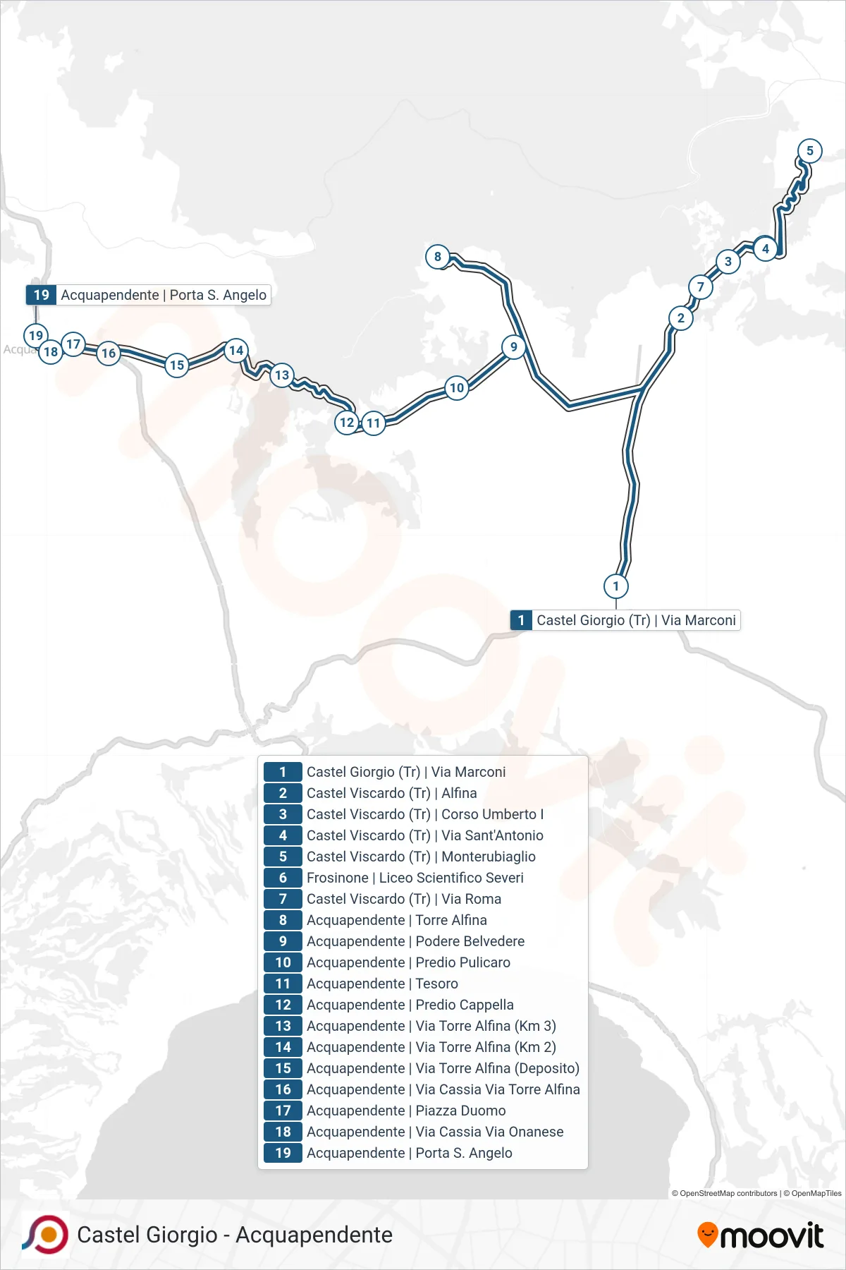 Linea COTRAL bus (Castel Giorgio (Tr) | Via Marconi→Acquapendente | Porta S. Angelo) - Percorsi e fermate sulla mappa