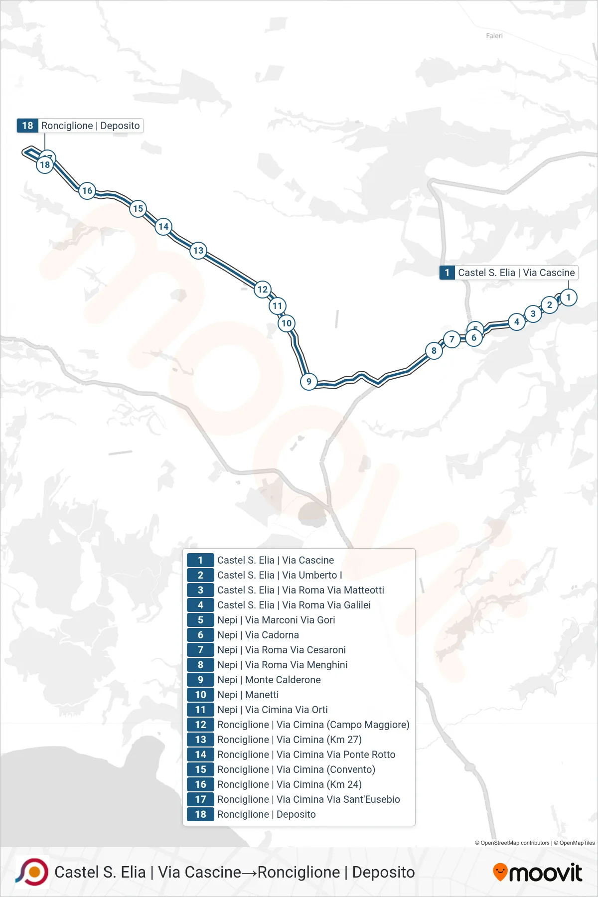 Linea COTRAL bus (Castel S. Elia | Via Cascine→Ronciglione | Deposito) - Percorsi e fermate sulla mappa