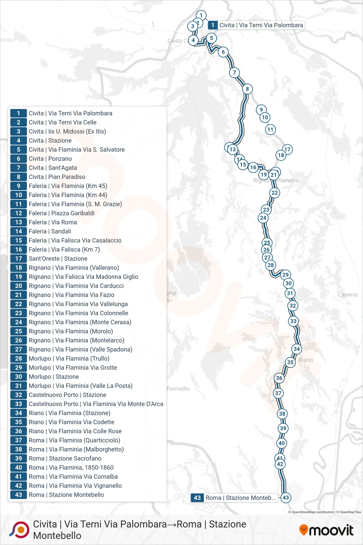Linea COTRAL bus (Civita | Via Terni Via Palombara→Roma | Stazione Montebello) - Percorsi e fermate sulla mappa