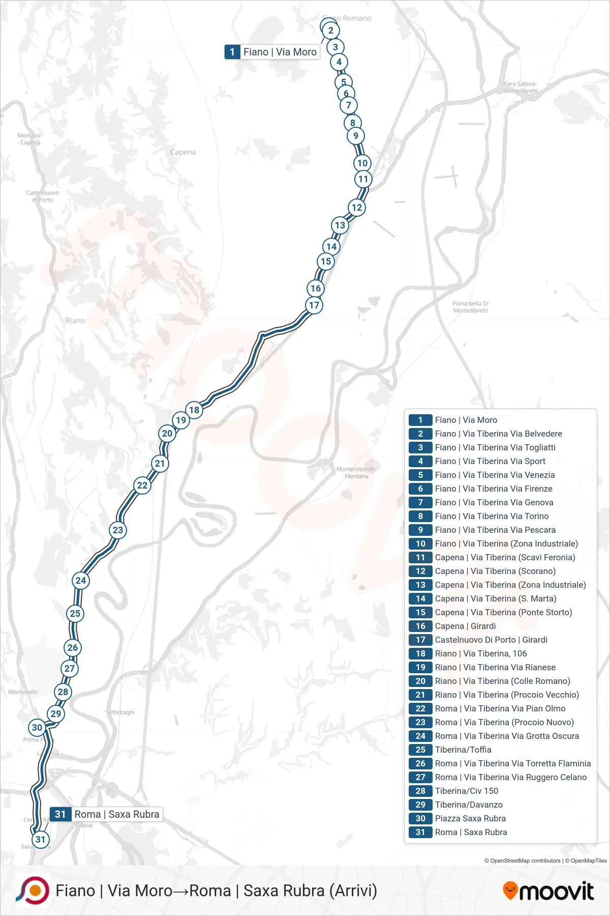 Linea COTRAL  bus (Fiano | Via Moro‎→Roma | Saxa Rubra (Arrivi)) - Percorsi e fermate sulla mappa