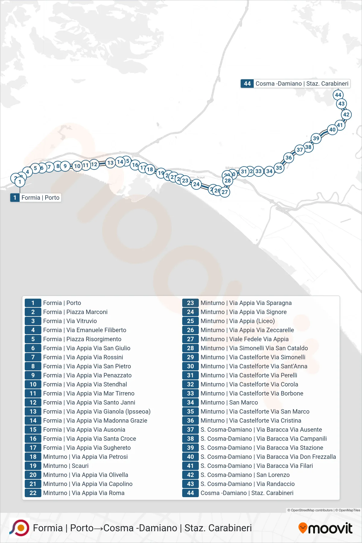 Linea COTRAL  bus (Formia | Porto‎→Cosma -Damiano | Staz. Carabineri) - Percorsi e fermate sulla mappa