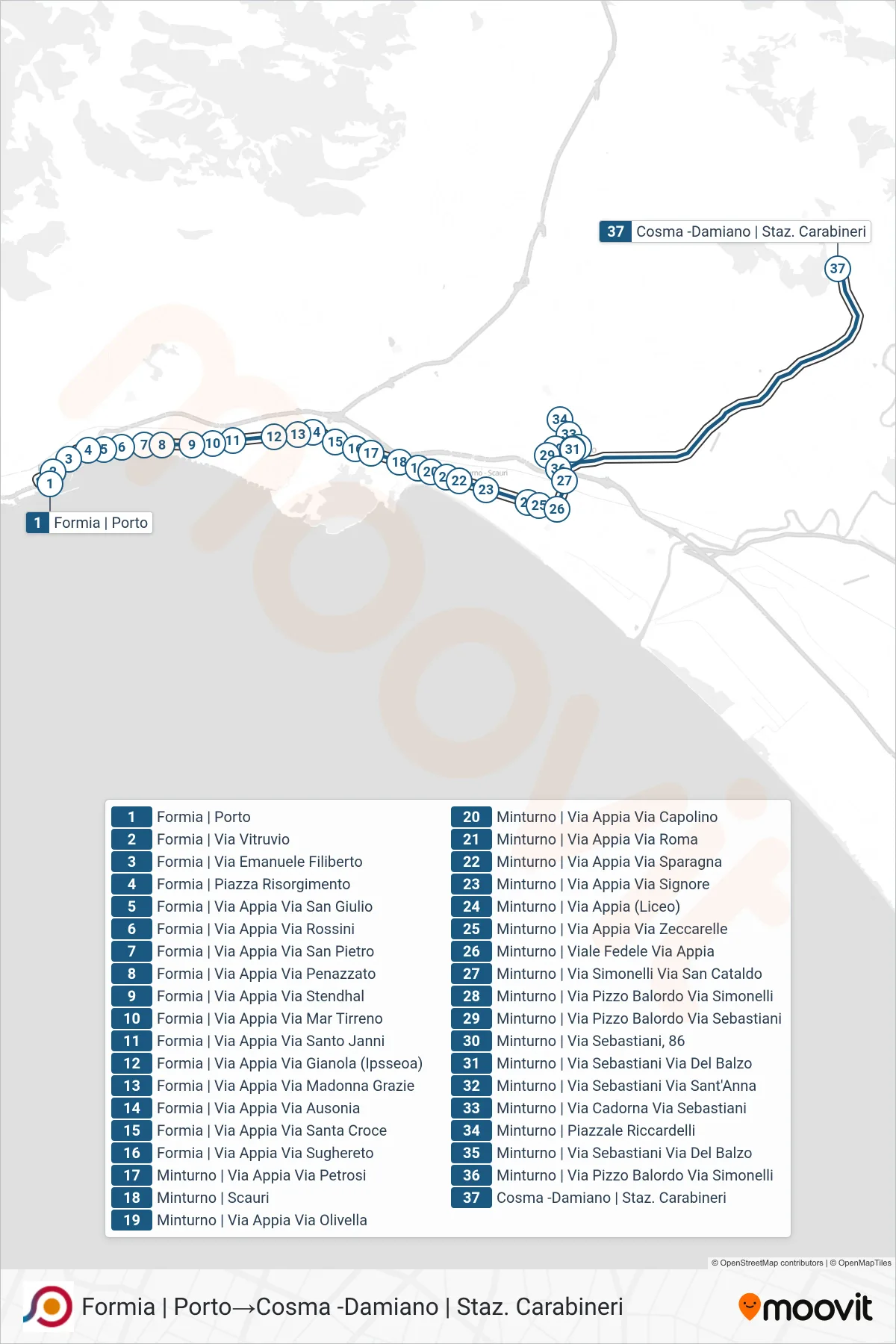 Linea COTRAL bus (Formia | Porto→Cosma -Damiano | Staz. Carabineri) - Percorsi e fermate sulla mappa