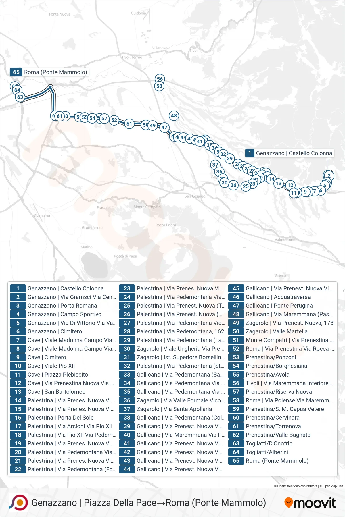 Linea COTRAL  bus (Genazzano | Piazza Della Pace‎→Roma (Ponte Mammolo)) - Percorsi e fermate sulla mappa
