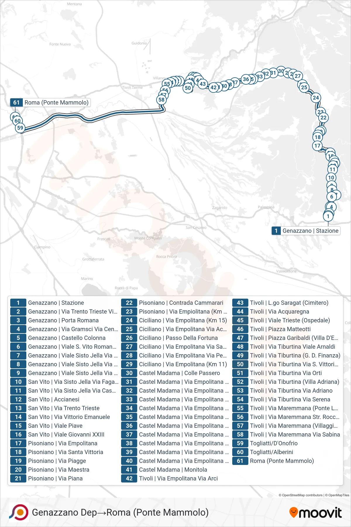 Linea COTRAL bus (Genazzano Dep→Roma (Ponte Mammolo)) - Percorsi e fermate sulla mappa