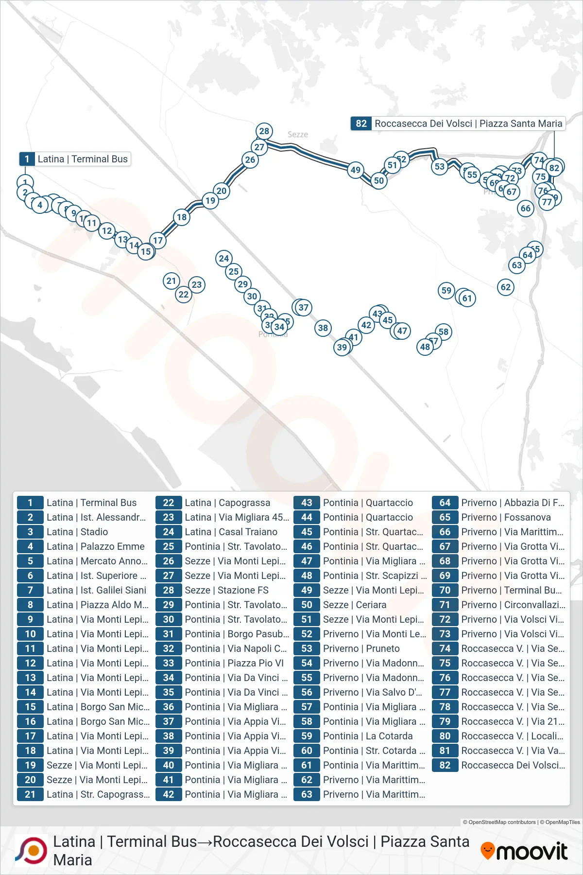 Linea COTRAL bus (Latina | Terminal Bus→Roccasecca Dei Volsci | Piazza Santa Maria) - Percorsi e fermate sulla mappa