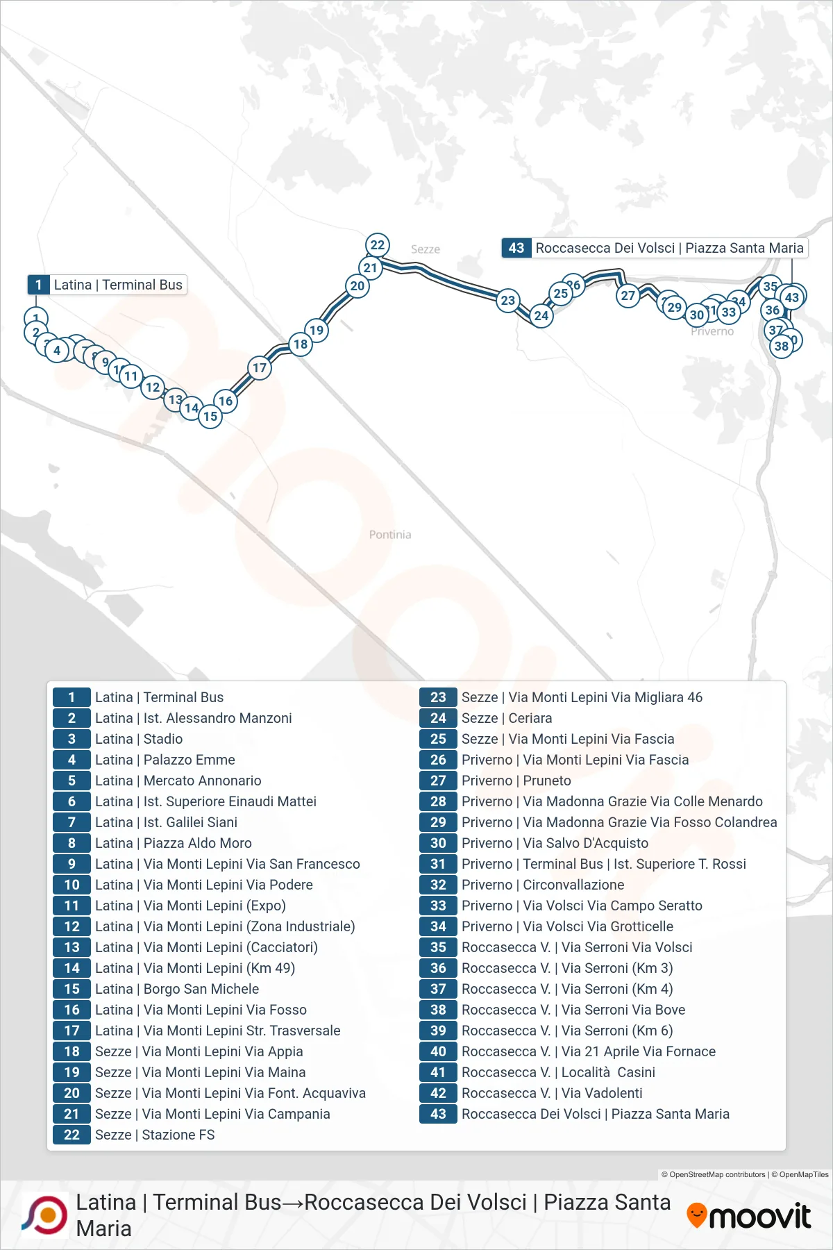 Linea COTRAL bus (Latina | Terminal Bus→Roccasecca Dei Volsci | Piazza Santa Maria) - Percorsi e fermate sulla mappa