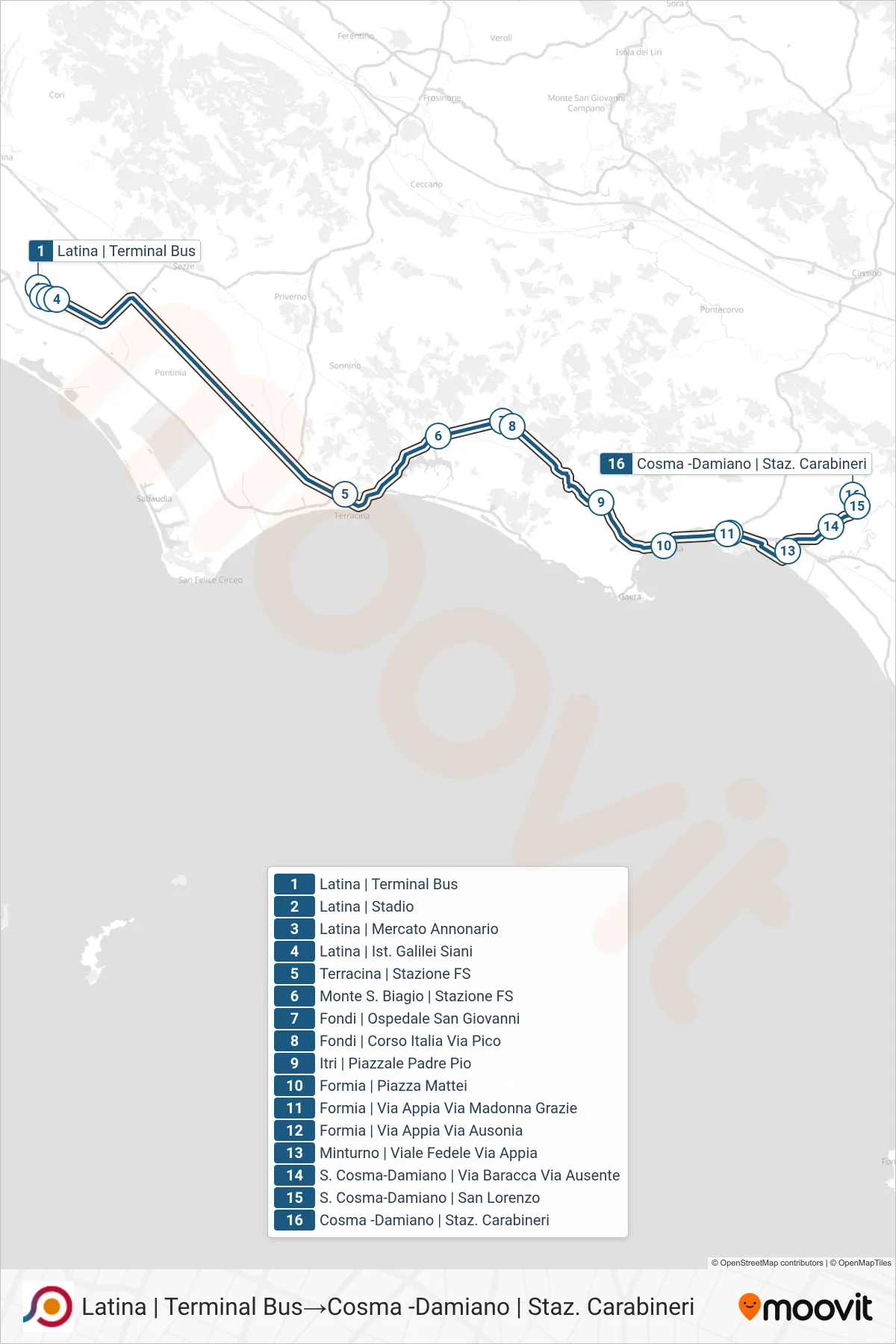 Linea COTRAL bus (Latina | Terminal Bus→Cosma -Damiano | Staz. Carabineri) - Percorsi e fermate sulla mappa