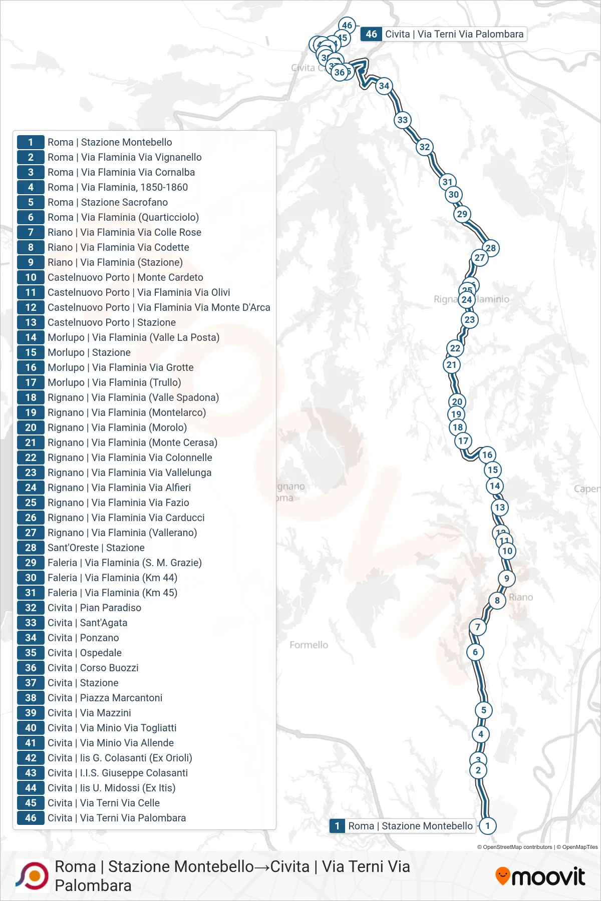 Linea COTRAL bus (Roma | Stazione Montebello→Civita | Via Terni Via Palombara) - Percorsi e fermate sulla mappa
