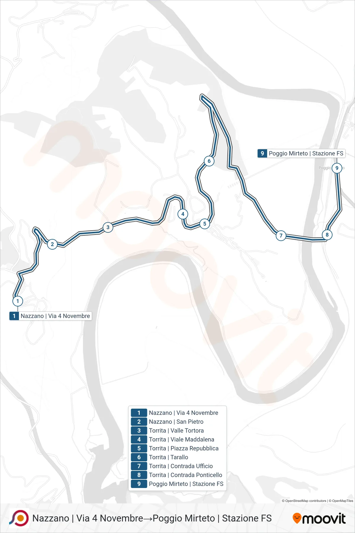 Linea COTRAL bus (Nazzano | Via 4 Novembre→Poggio Mirteto | Stazione FS) - Percorsi e fermate sulla mappa