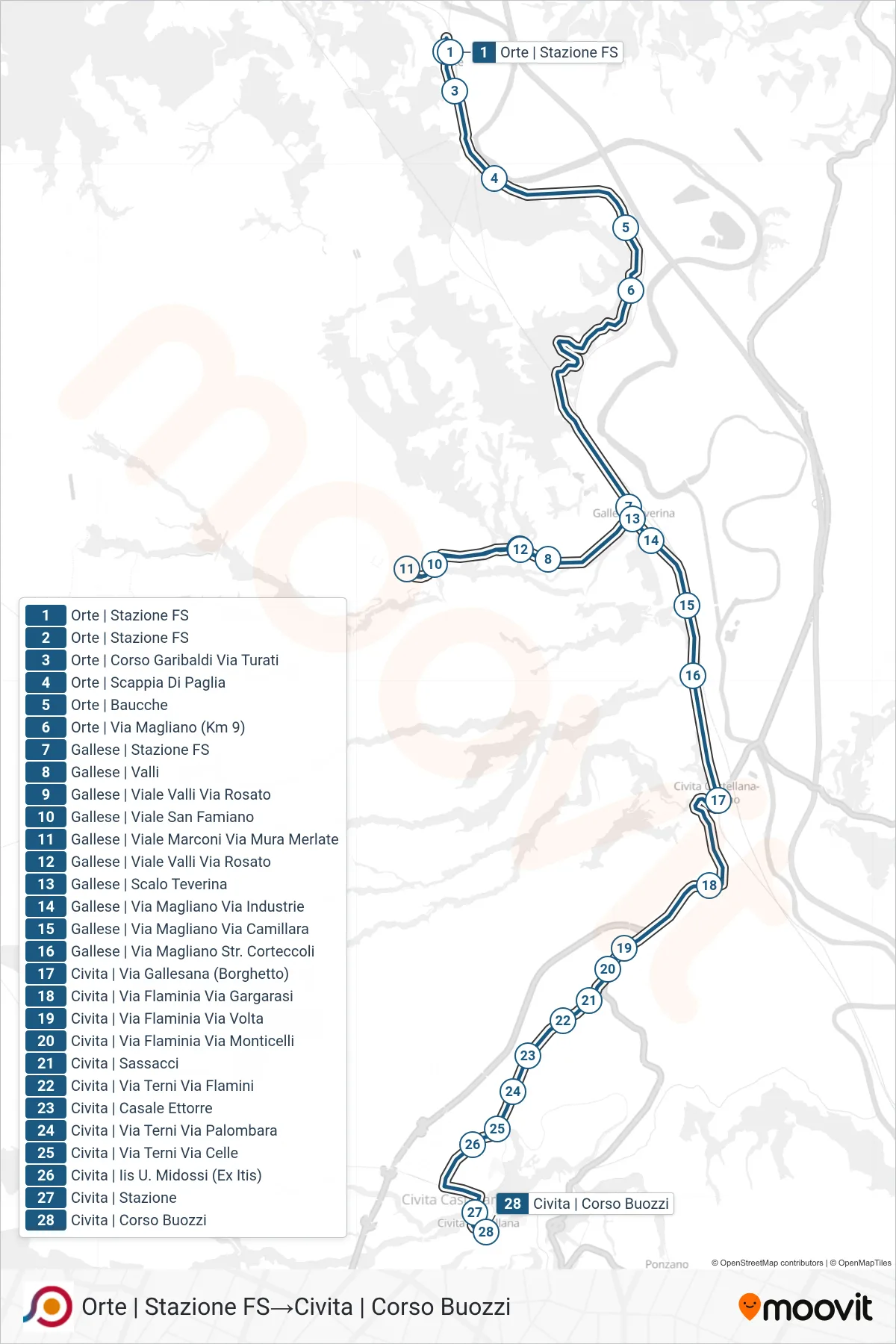 COTRAL bus Line (Orte Railway Station→Civita via Corso Buozzi) route and stops on a map