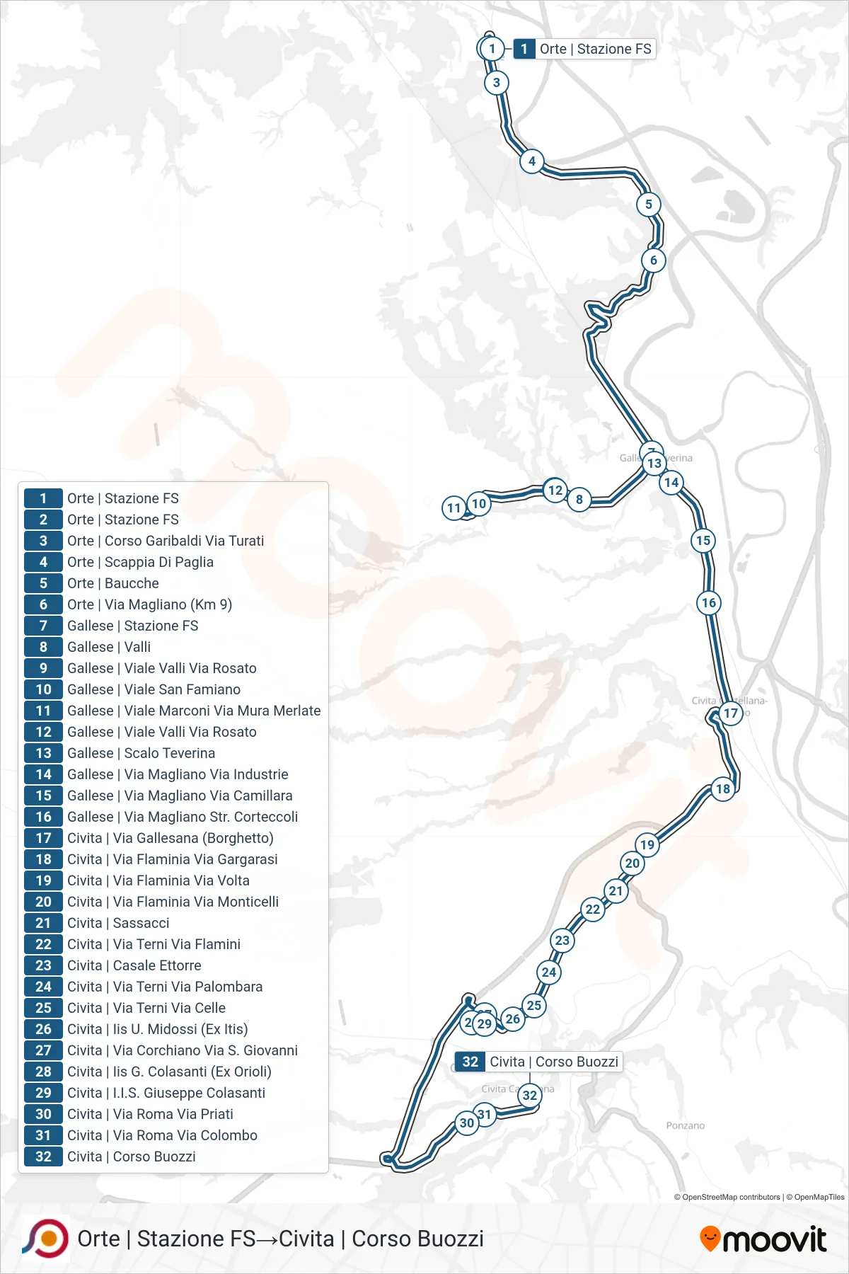 Linea COTRAL bus (Orte | Stazione FS→Civita | Corso Buozzi) - Percorsi e fermate sulla mappa