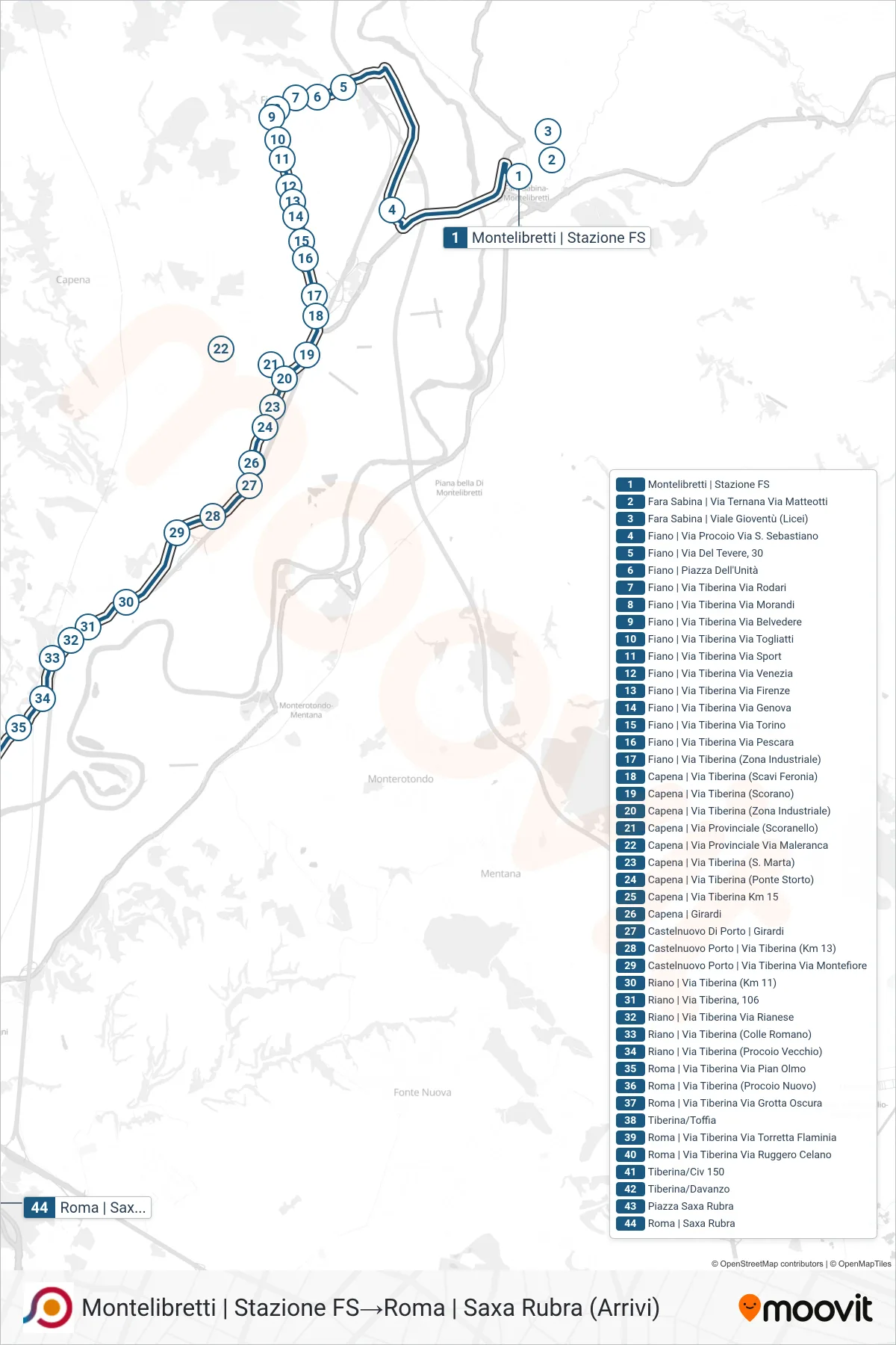 Linea COTRAL bus (Montelibretti | Stazione FS→Roma | Saxa Rubra (Arrivi)) - Percorsi e fermate sulla mappa