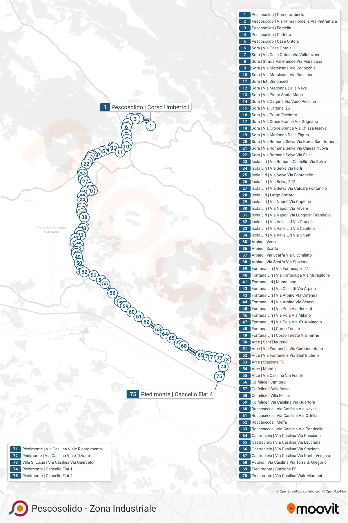 Linea COTRAL bus (Pescosolido | Corso Umberto I→Piedimonte | Cancello Fiat 4) - Percorsi e fermate sulla mappa